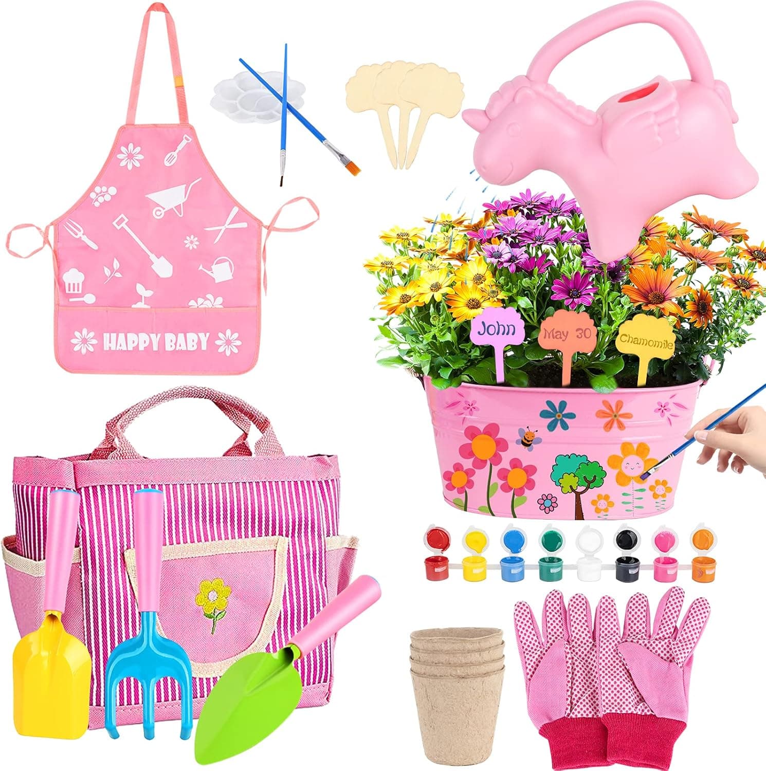 Mojitodon Kids Gardening Tool Set Flower Paint Planting Growing Kit - Includes Unicorn Watering Can, Shovel, Rake, Trowel, Gloves, Apron and Garden Tote Bag Outdoor Toys Gifts for Girls Ages 3+