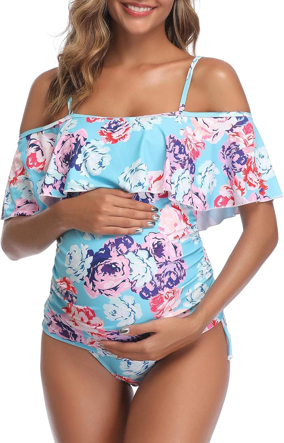 Women Maternity Swimwear Off Shoulder Retro Floral Ruffled Flounce Tankini Bathing Suit Blue Flower Printed M