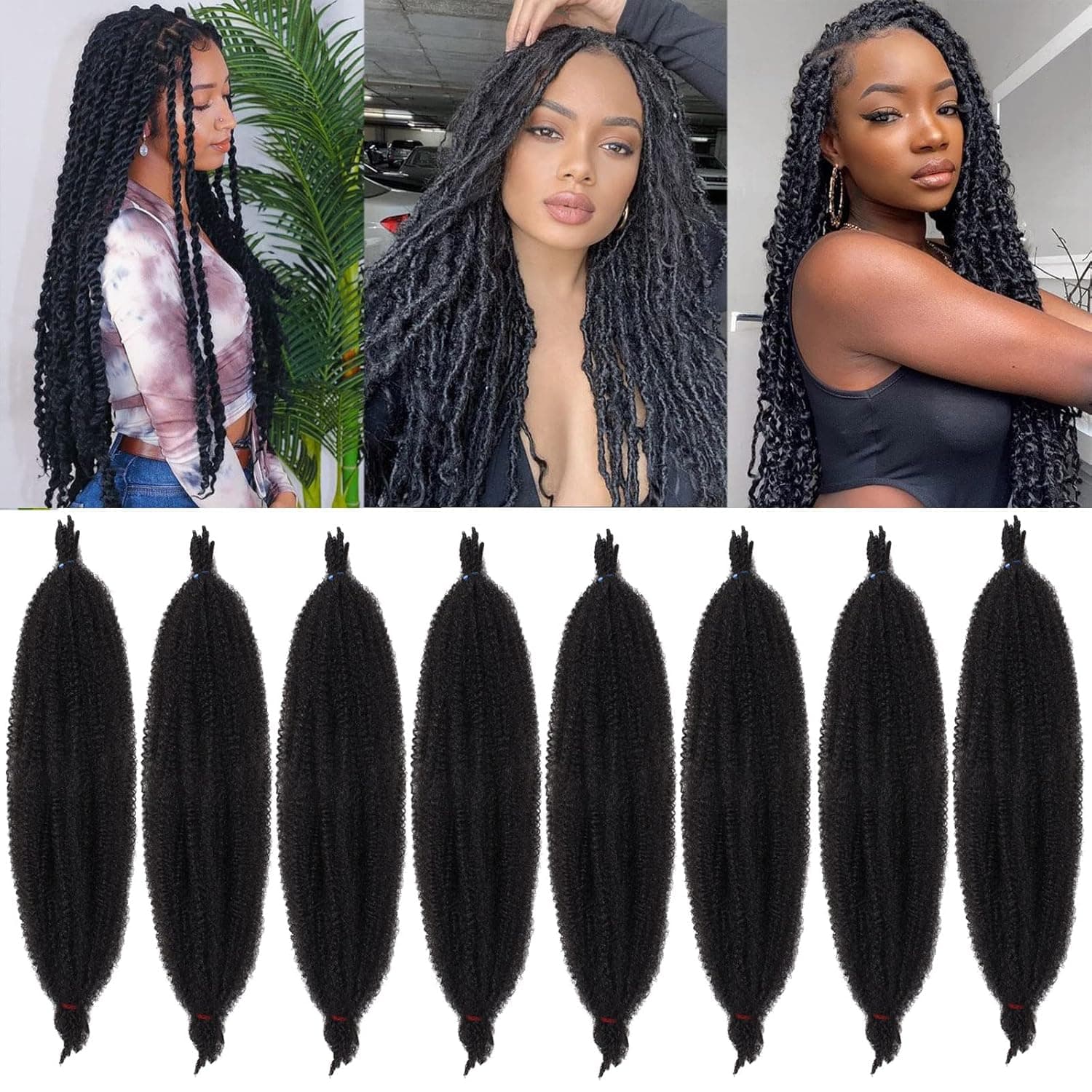 COOKOO 8 Pack Springy Afro Twist Hair 24 Inch Soft Pre-Separated Locs Synthetic Marley Crochet Braiding Hair Natural Black For Passion Twist Hair For Poppin Spring Twist Hair For Women (10 Strands/Pack 60g/pack 1B# )