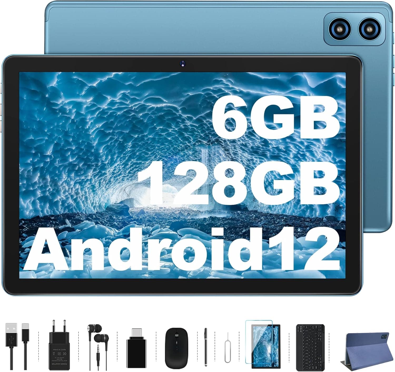 Ruzava Tablets Android 12 10.1inch Tablet, 6GB RAM 128GB ROM, 512GB Expand Octa-Core Tablet 8000mAh, Bluetooth 5.0, 2.4G/5G WiFi 5.0MP+13.0MP Camera,WOZIFAN Tablet with Keyboard Mouse-Blue