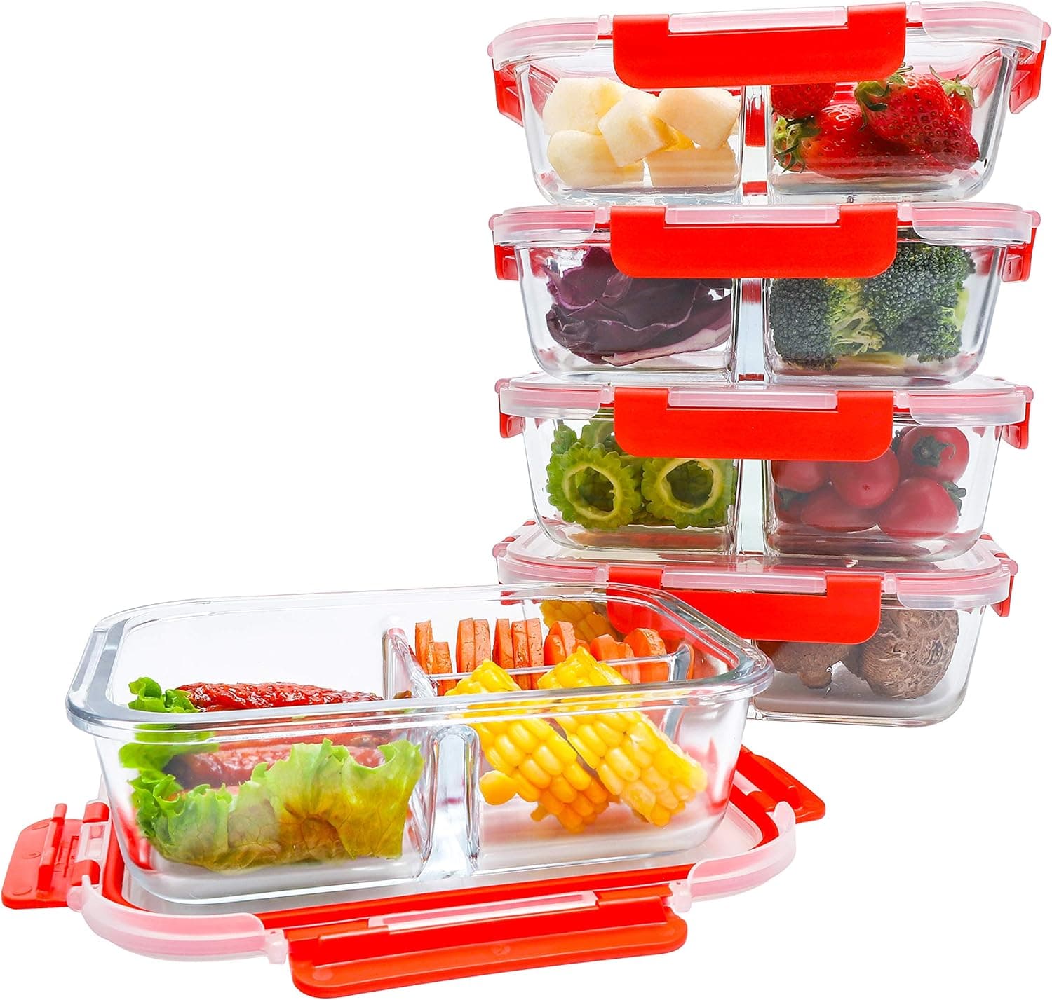 BlueHills Premium Glass Meal Prep Containers with Red Snap Locking Lids Glass Food Containers BPA-Free Microwave Oven Freezer Dishwasher Safe (4.5 Cups, 36 Oz. (G003 Three Compartments)