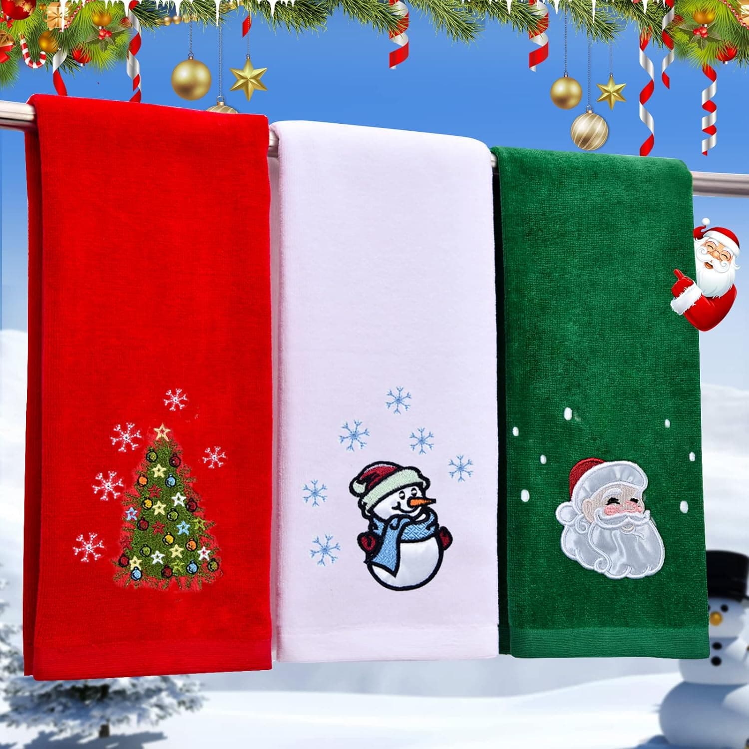 Malldii Large Size 16" x 27" Christmas Hand Towels, 100% Pure Cotton Bathroom Decorative Towels Soft Washcloths Kitchen Hand Towels Perfect Christmas Decor, Pack of 3 (Red, White, Green)