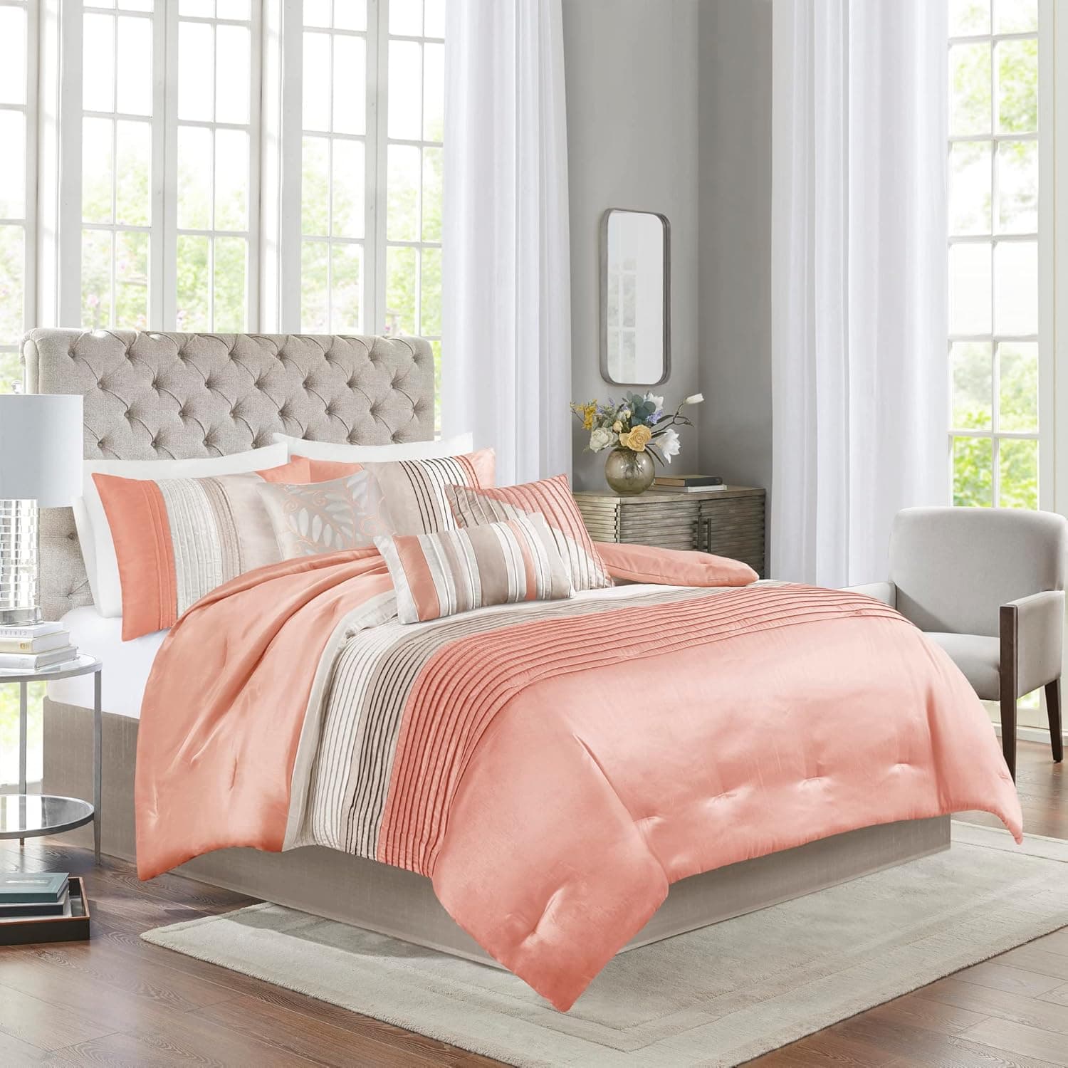 Madison Park Amherst Faux Silk Comforter Set-Casual Contemporary Design All Season Down Alternative Bedding, Matching Shams, Bedskirt, Decorative Pillows, Queen(90"x90"), Coral, 7 Piece (MP10-2320)