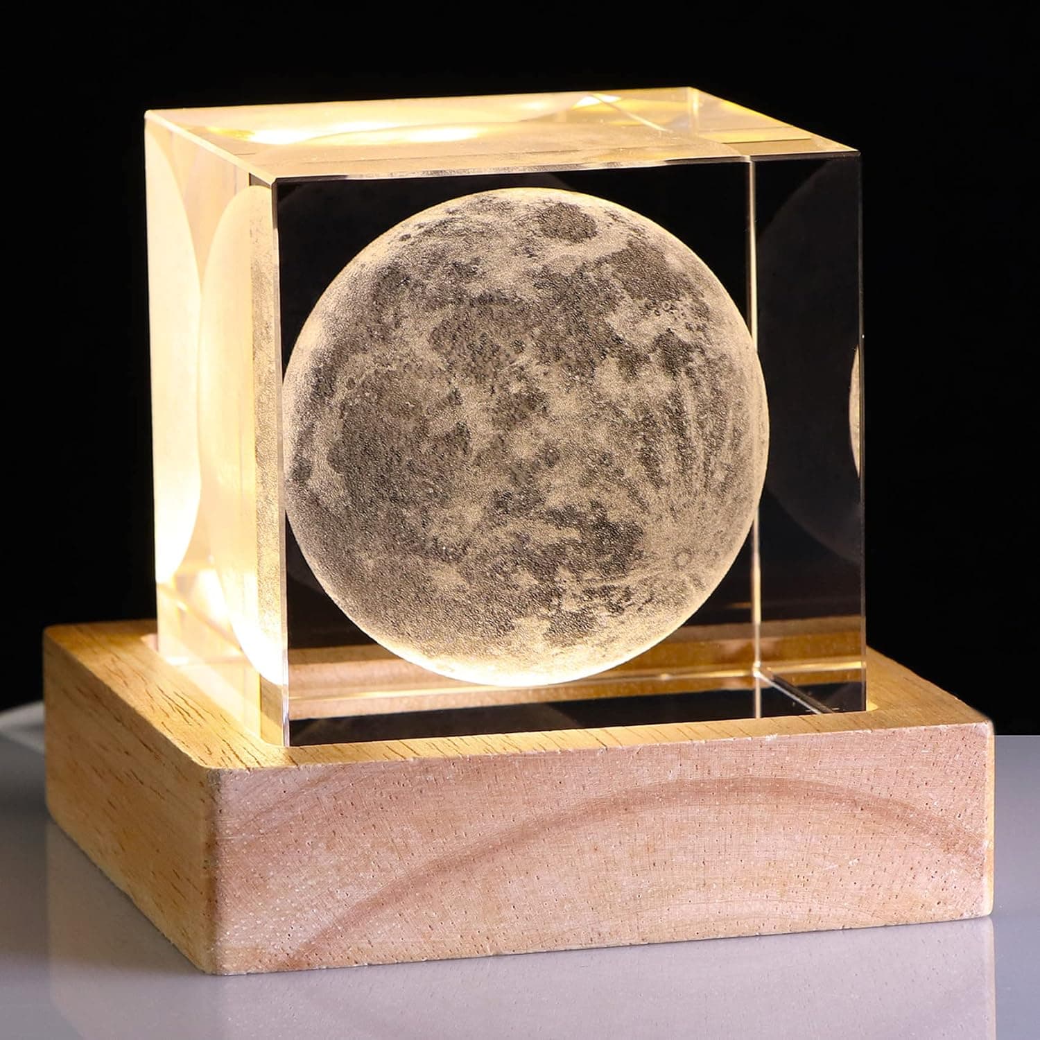Movdyka 3D Moon Crystal Cube Laser Engraved with LED Warm Lighting Base, Birthday Present Lamp Unique Night Light Galaxy Glass Art Gifts for Kids,Teacher Gifts, Gift for Boyfriend