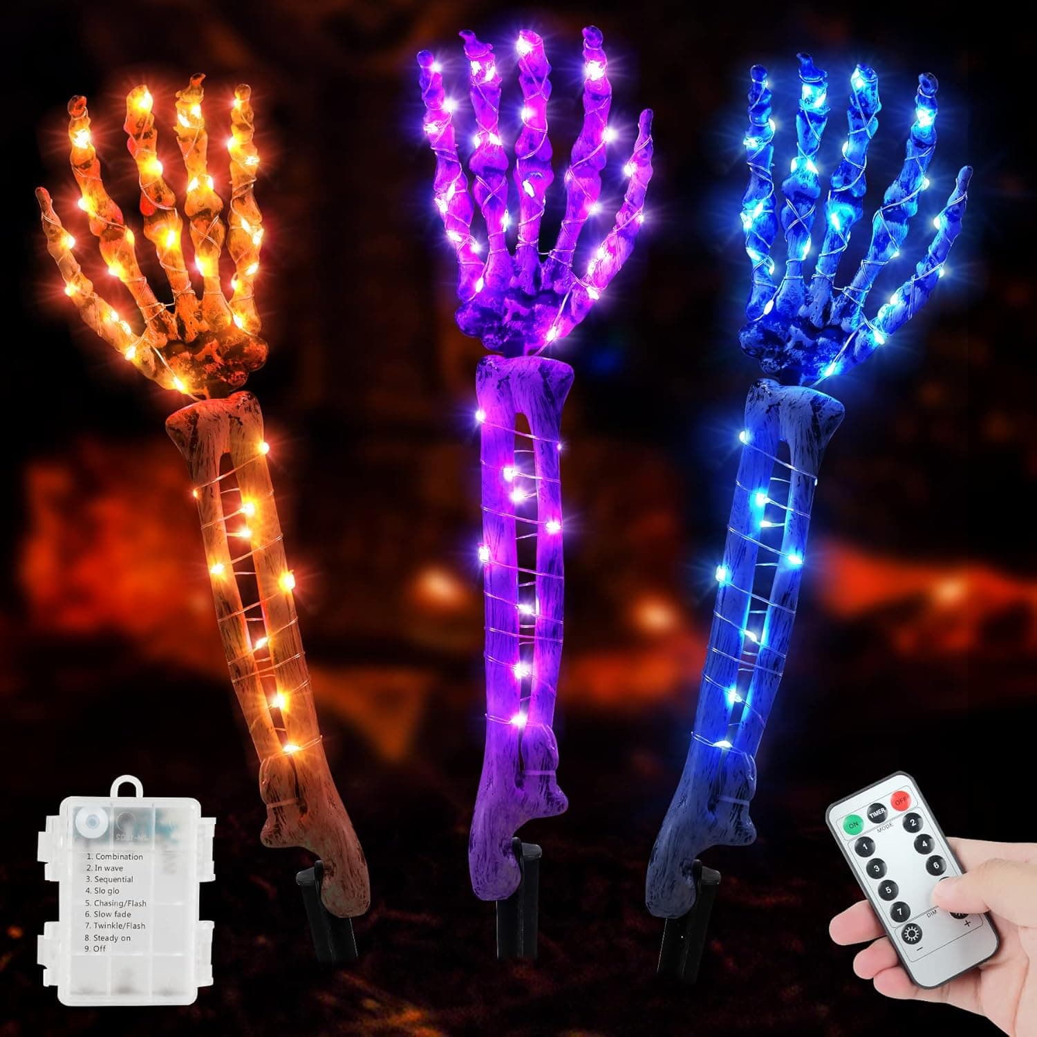 MZD8391 Halloween Decorations Scary Skeleton Stakes, 3PC 144 LEDs Purple Blue Orange Lighted Skeleton Arms, Battery Powered Yard Graveyard Stakes, Halloween Décor Party Props Outdoor, Remote &Timer