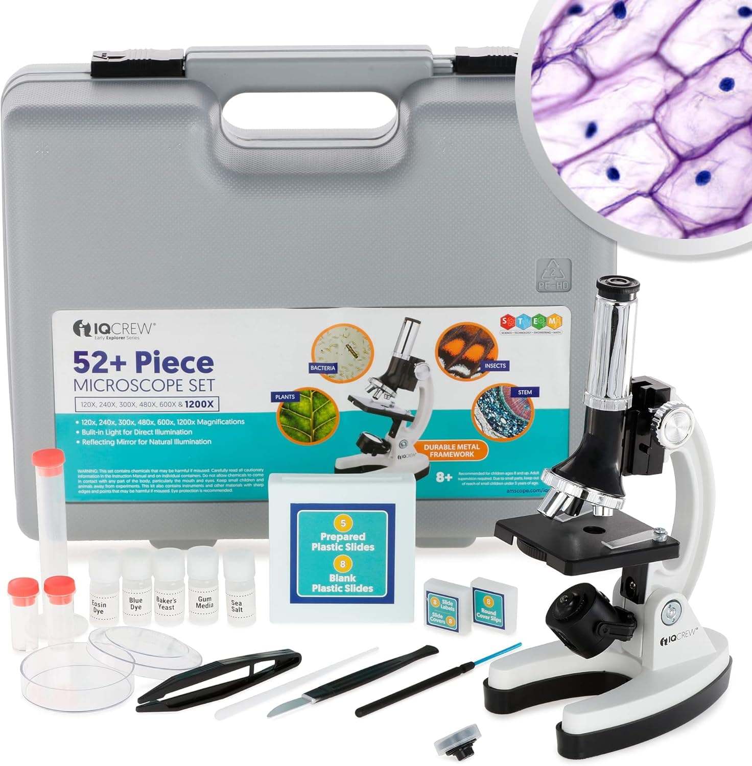 AmScope 120X-1200X 52-pcs Kids Beginner Microscope STEM Kit with Metal Body Microscope, Plastic Slides, LED Light and Carrying Box (M30-ABS-KT2-W),White