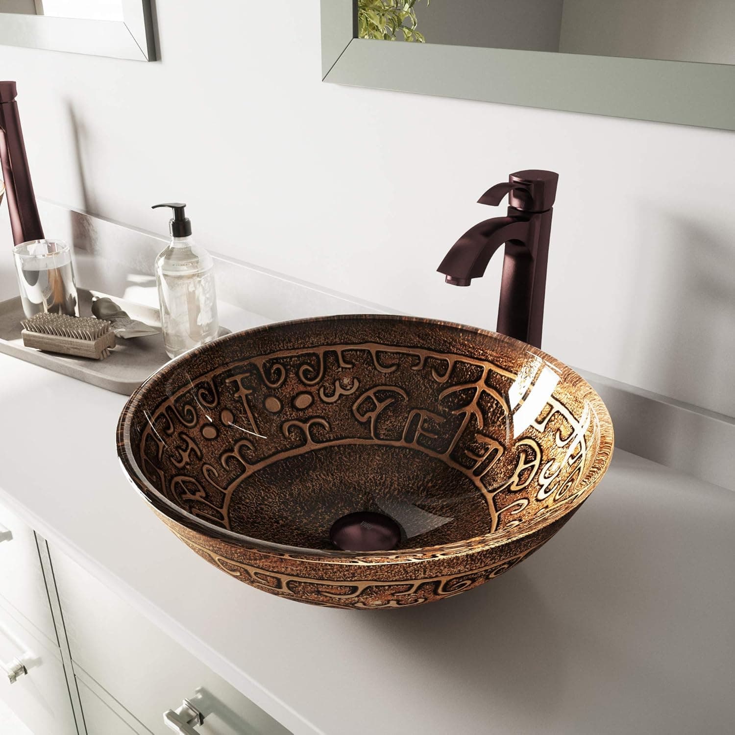 VIGO Golden Greek Glass Vessel Bathroom Sink and Otis Vessel Faucet with Pop Up, Oil Rubbed Bronze