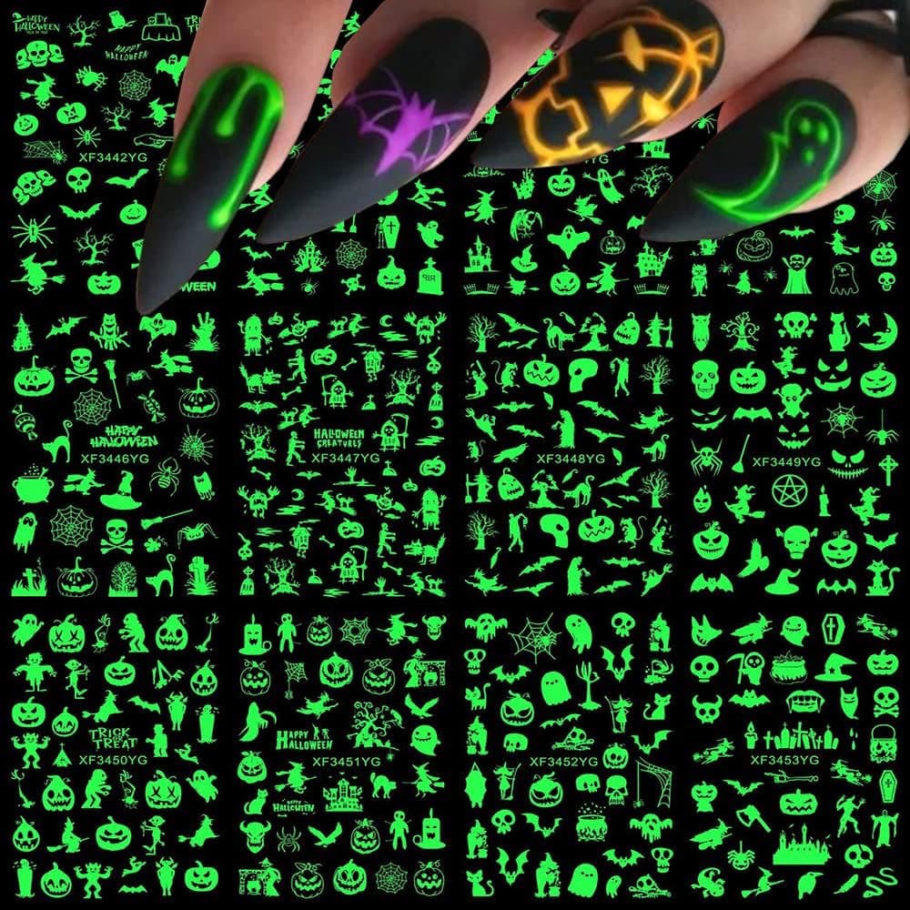 Halloween Nail Stickers, Glow in The Dark Nail Decals 3D Self-Adhesive Luminous Nail Art Stickers Pumpkin Spider Bat Ghost Witch Skull Nail Design DIY Holiday Nail Decoration for Halloween Party (12 Sheets)