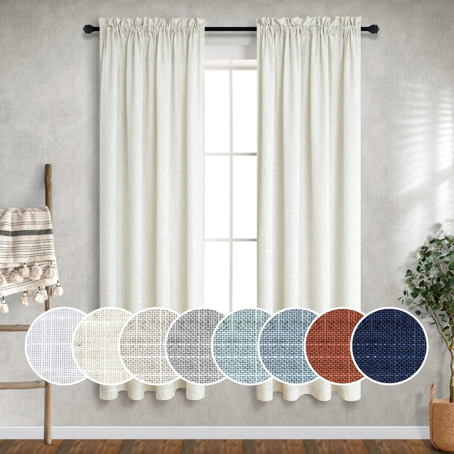Natural Linen Curtains 38 Inch Wide for Bedroom 2 Panels Set Rod Pocket Light Filter Semi Sheer Cream Curtains for Small Windows Narrow Mini Skinny Living Room Decor 38 Inch Width by 63 Inch Length
