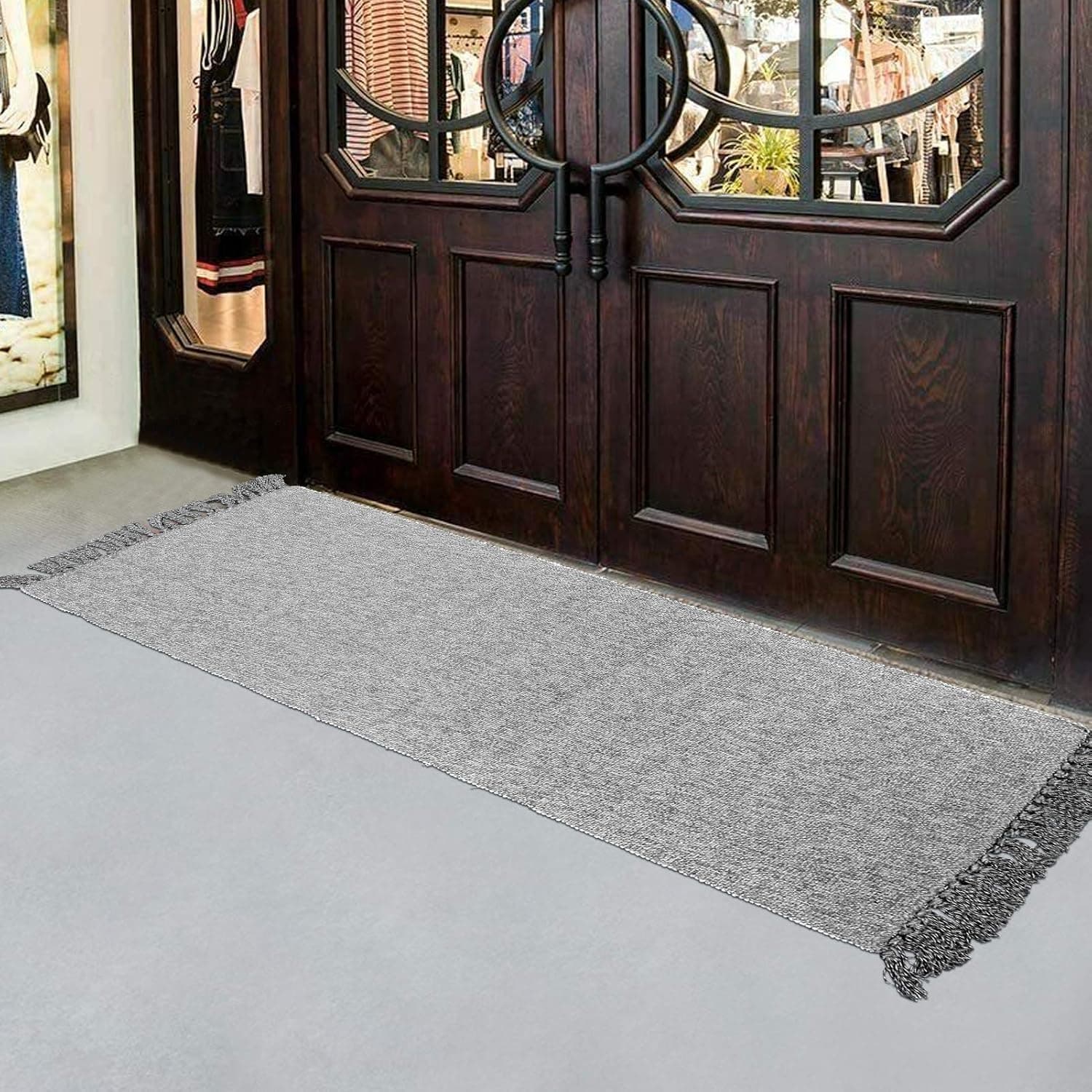 USTIDE Hand Woven Rug Braided Rug Gray White Cotton Reversible Rug with Tassels Floor Runner for Laundry Room/Kitchen/Bathroom/Bedside 23.6"x70"