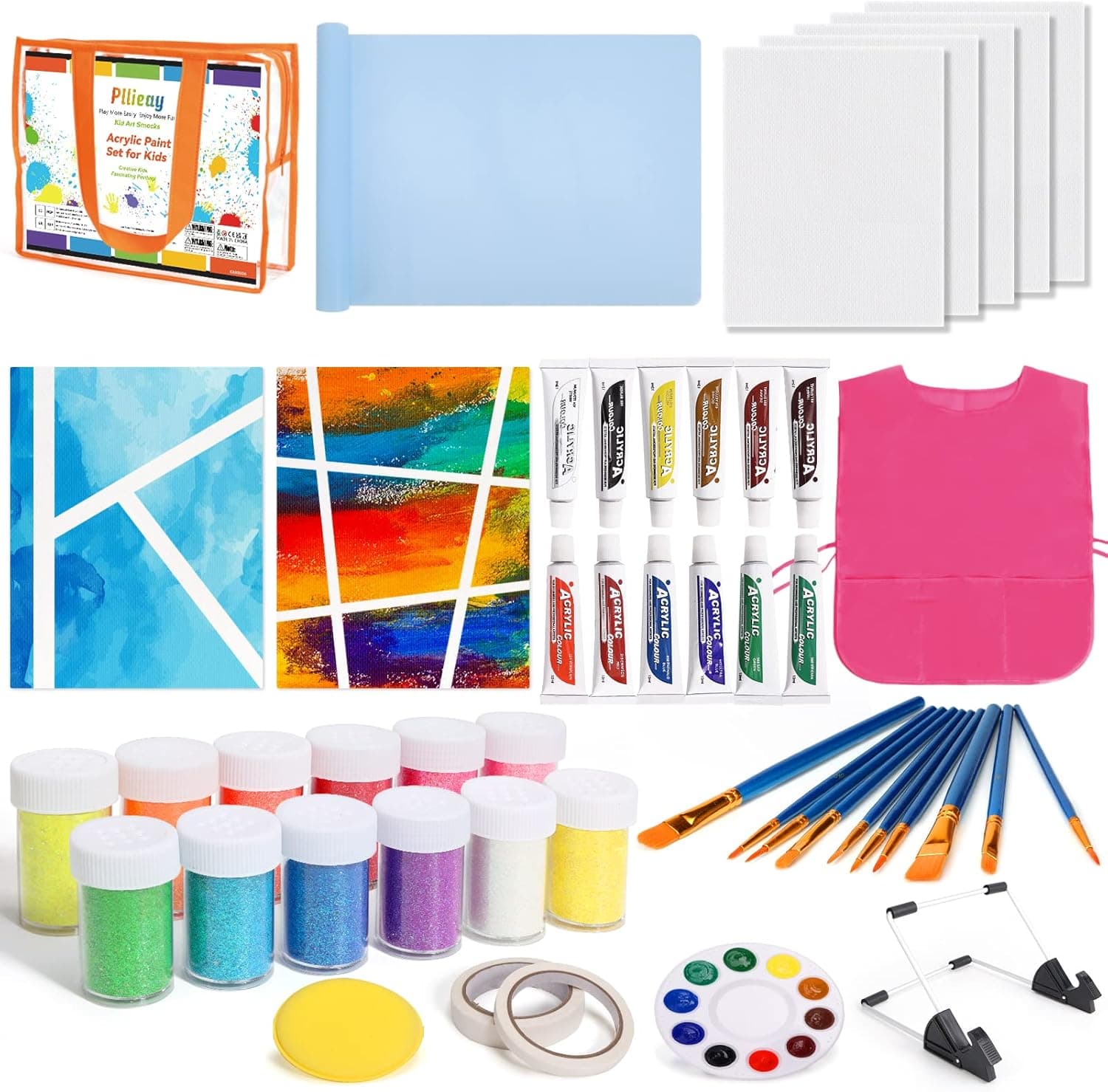 Pllieay 47PCS Kids Painting Set, Acrylic Kids Paint Kit with Acrylic Paint & Glitter Powder, Painting Canvas Panels, Painting Brushes, Kids Smock, Easel, Sponge, and Other Painting Supplies