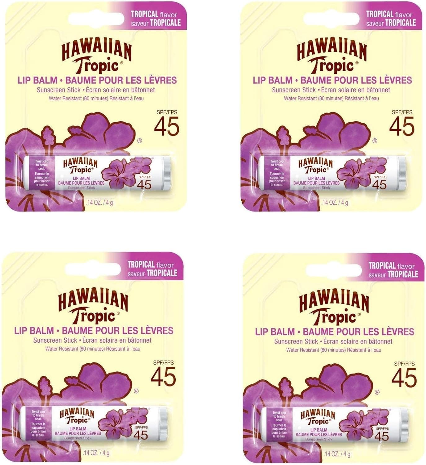 Hawaiian Tropic Lip Balm Stick Sunscreen, SPF 45+, Tropical 0.14 oz (Pack of 4)