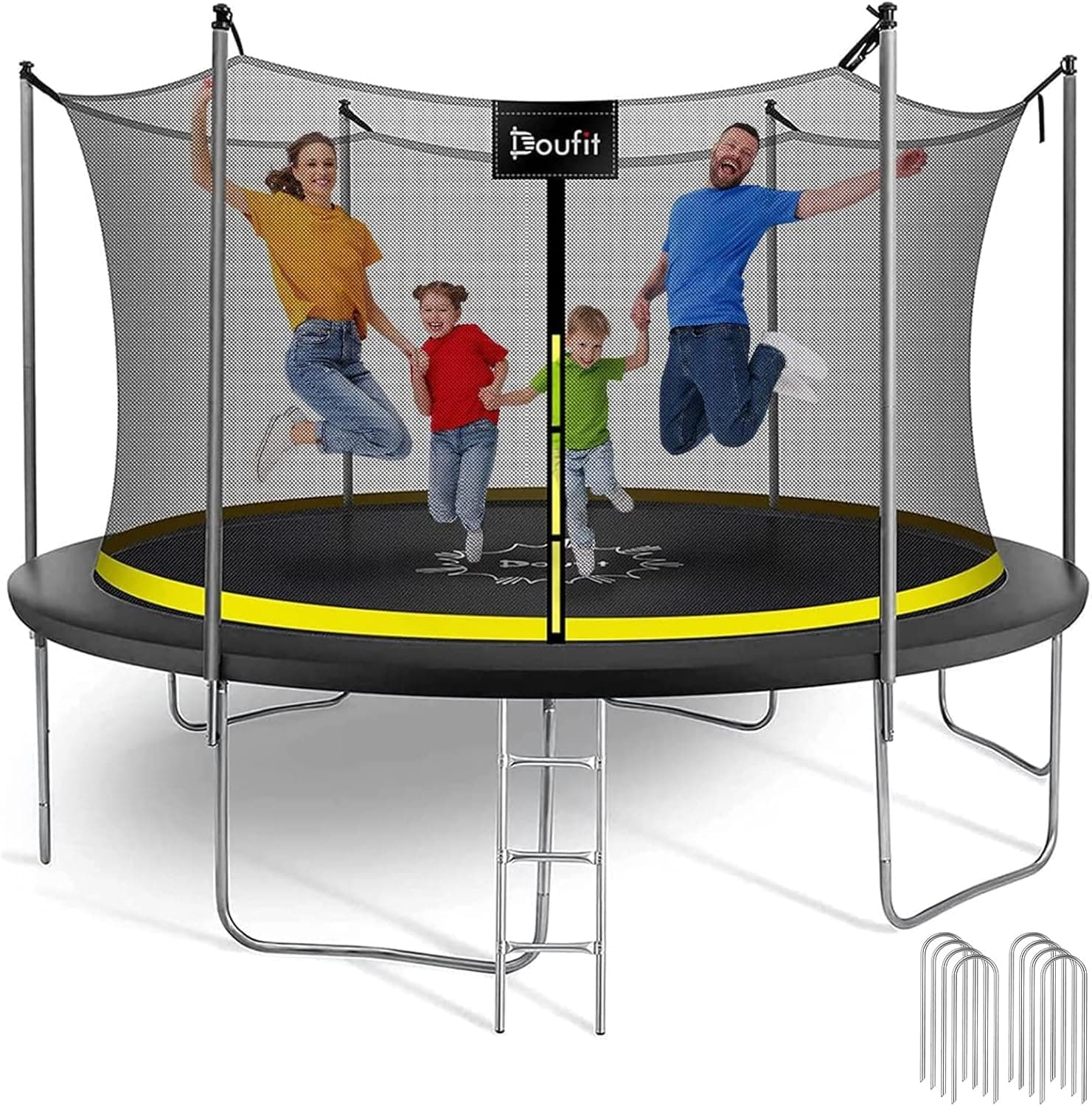 Doufit Upgraded 8FT 10FT 12FT 15FT Trampolines with Enclosure Net and Ladder, ASTM Approved Outdoor High-Capacity Family Yard Recreational Trampoline for Kids & Adults with PVC Cover & Wind Stake