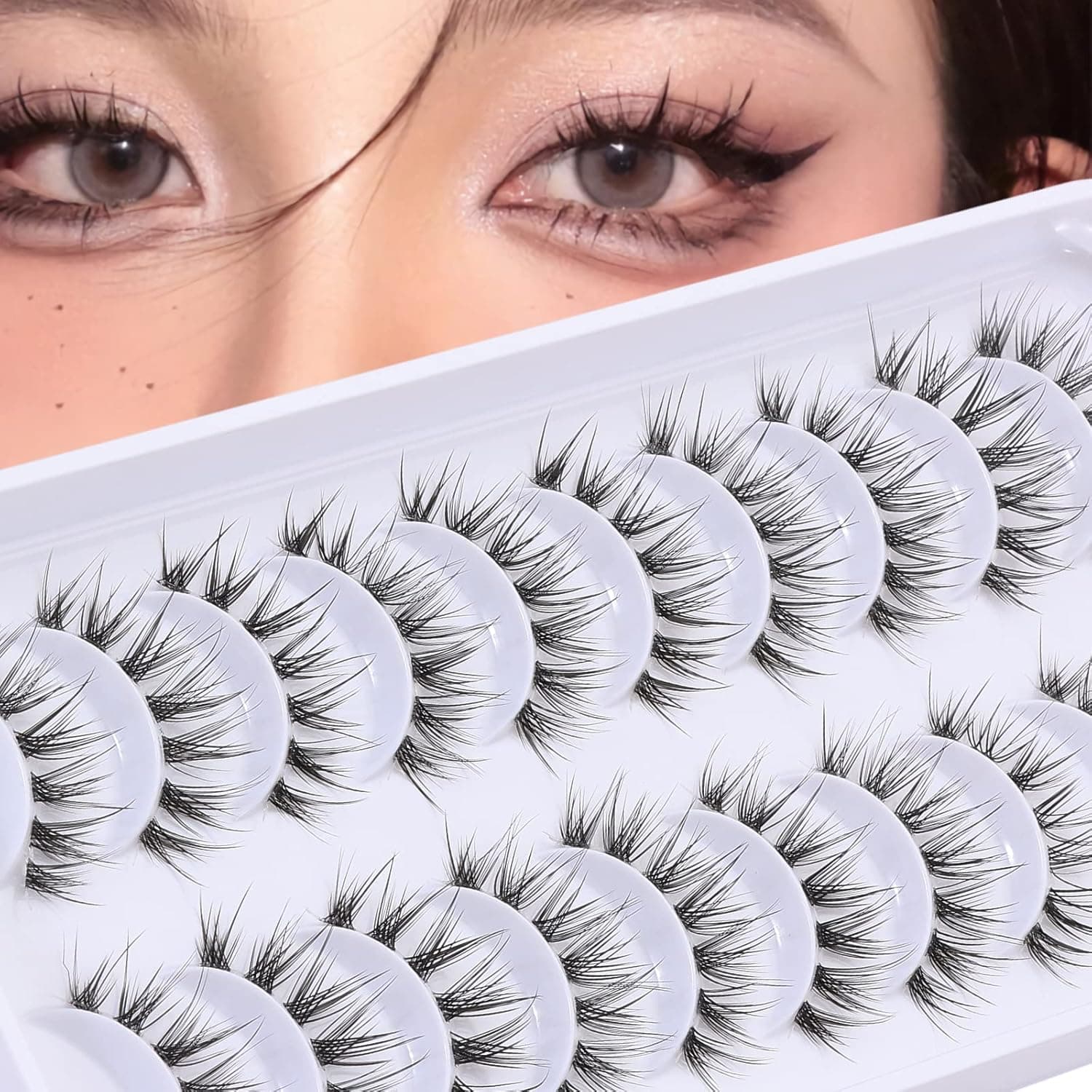 outopen 10 Pairs Clear Band Manga Lashes Natural Look 12MM Anime Lashes Spiky Japanese Korean Asian False Eyelashes Look Like Individual Clusters(Y18|12MM)