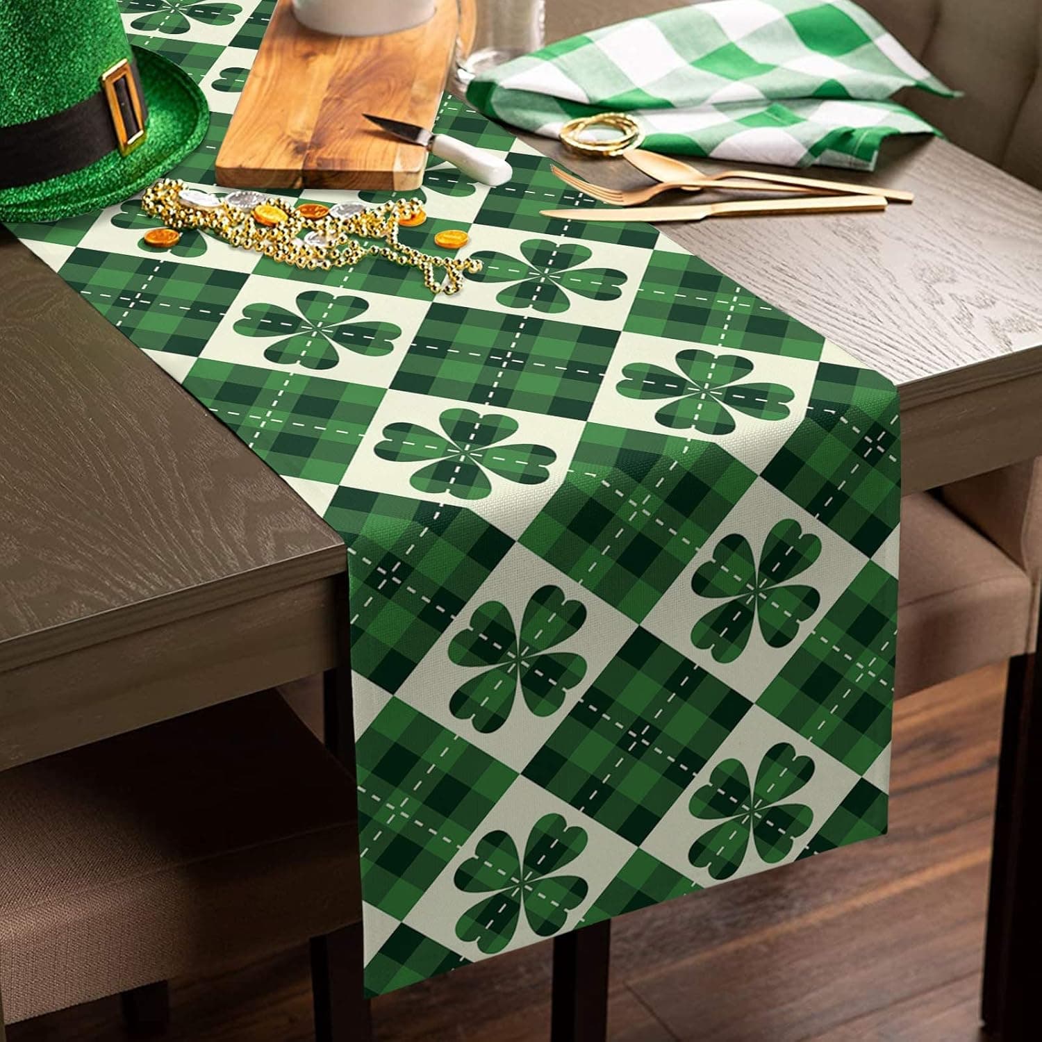 St Patricks Day Table Runners 70 Inch Clover Leaf Green Shamrock Check Plaid Table Linens Runner for Table Linen Burlap