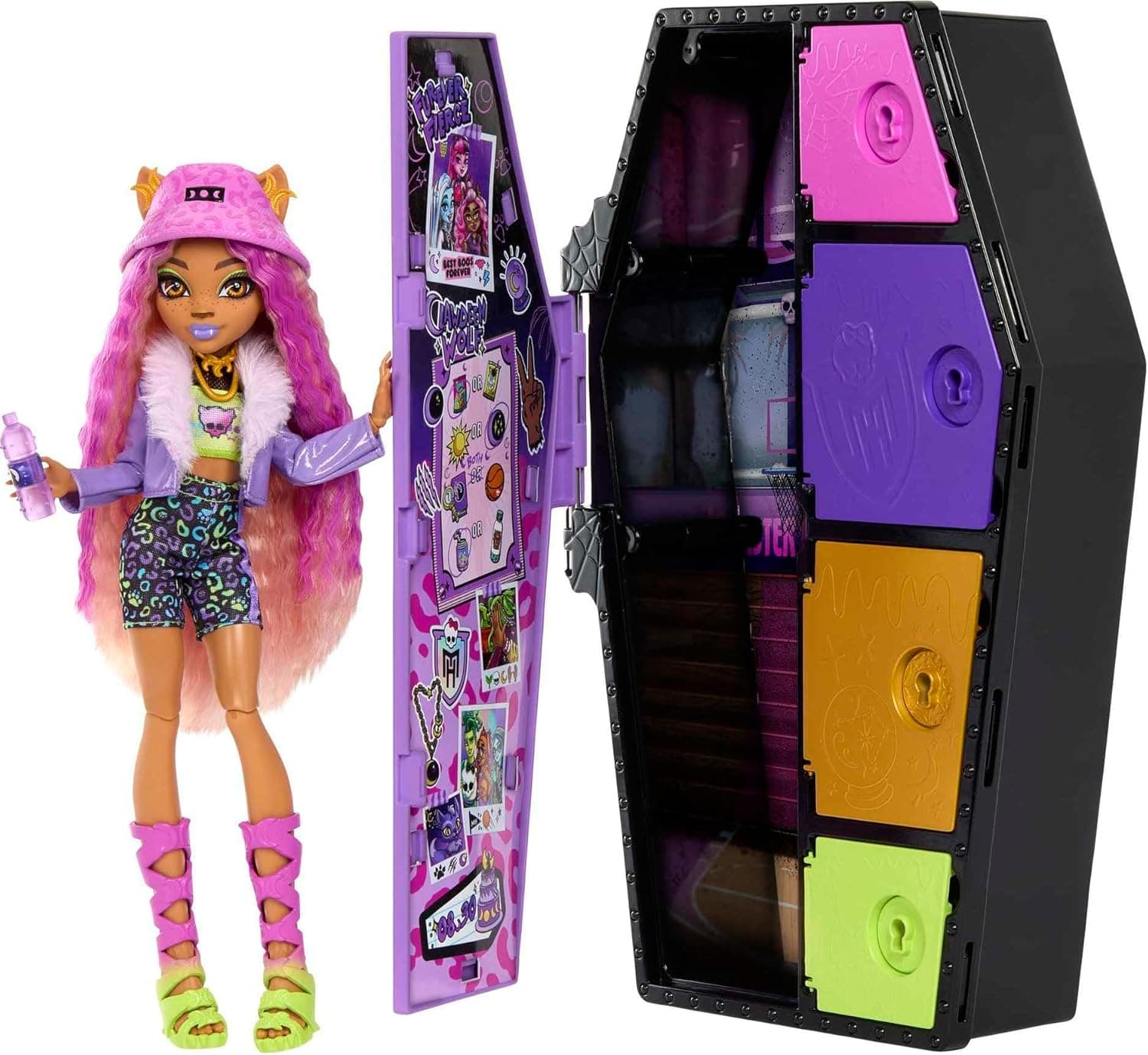 Monster High Doll and Fashion Set, Clawdeen Wolf with Dress-Up Locker and 19+ Surprises, Skulltimate Secrets