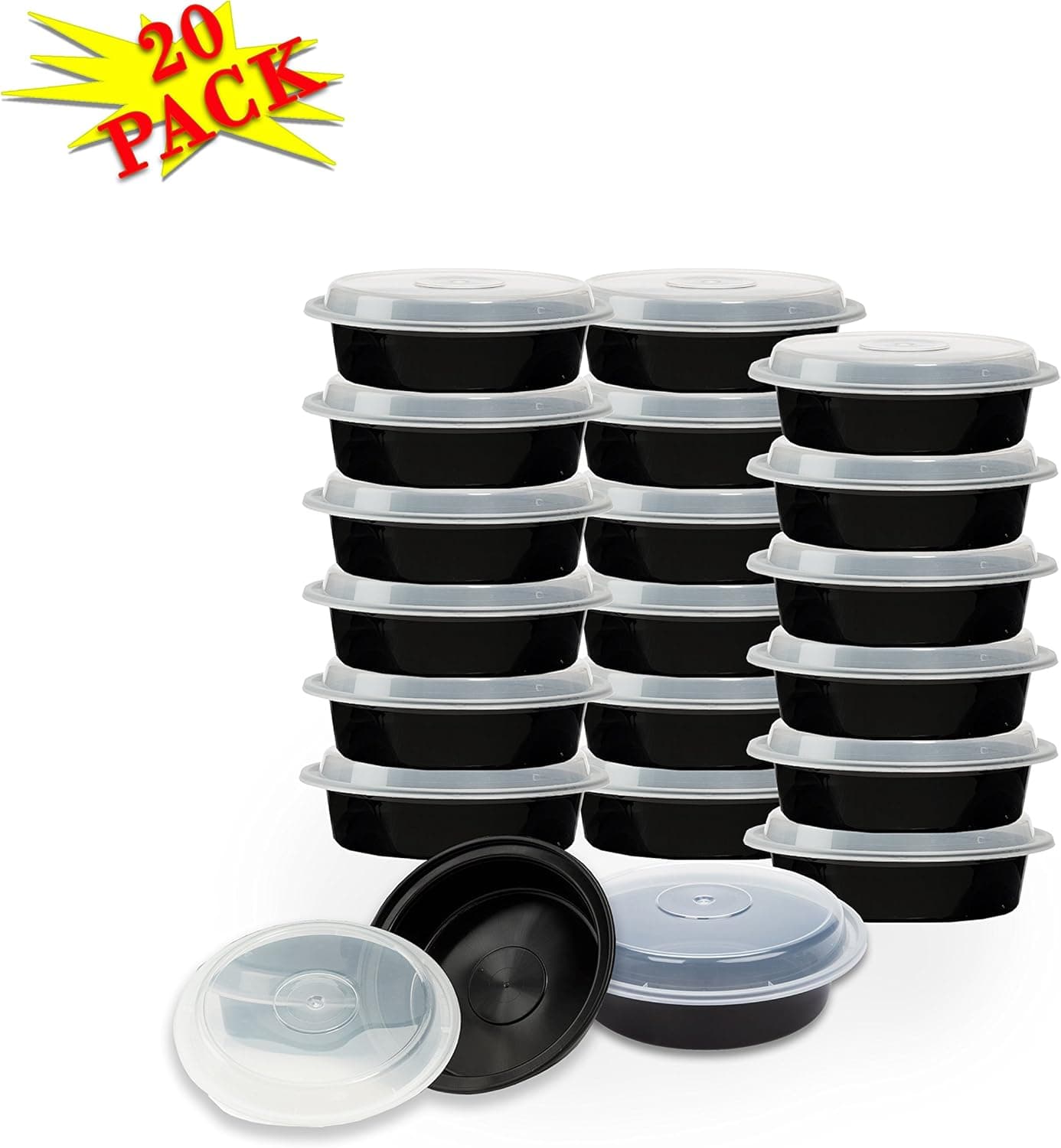 Reusable Microwaveable Food Storage Containers - Pack of 20 Stackable Bento Lunch Boxes with Lids, Freezer and Dishwasher Safe - 24oz Round - Black -By Homeryware
