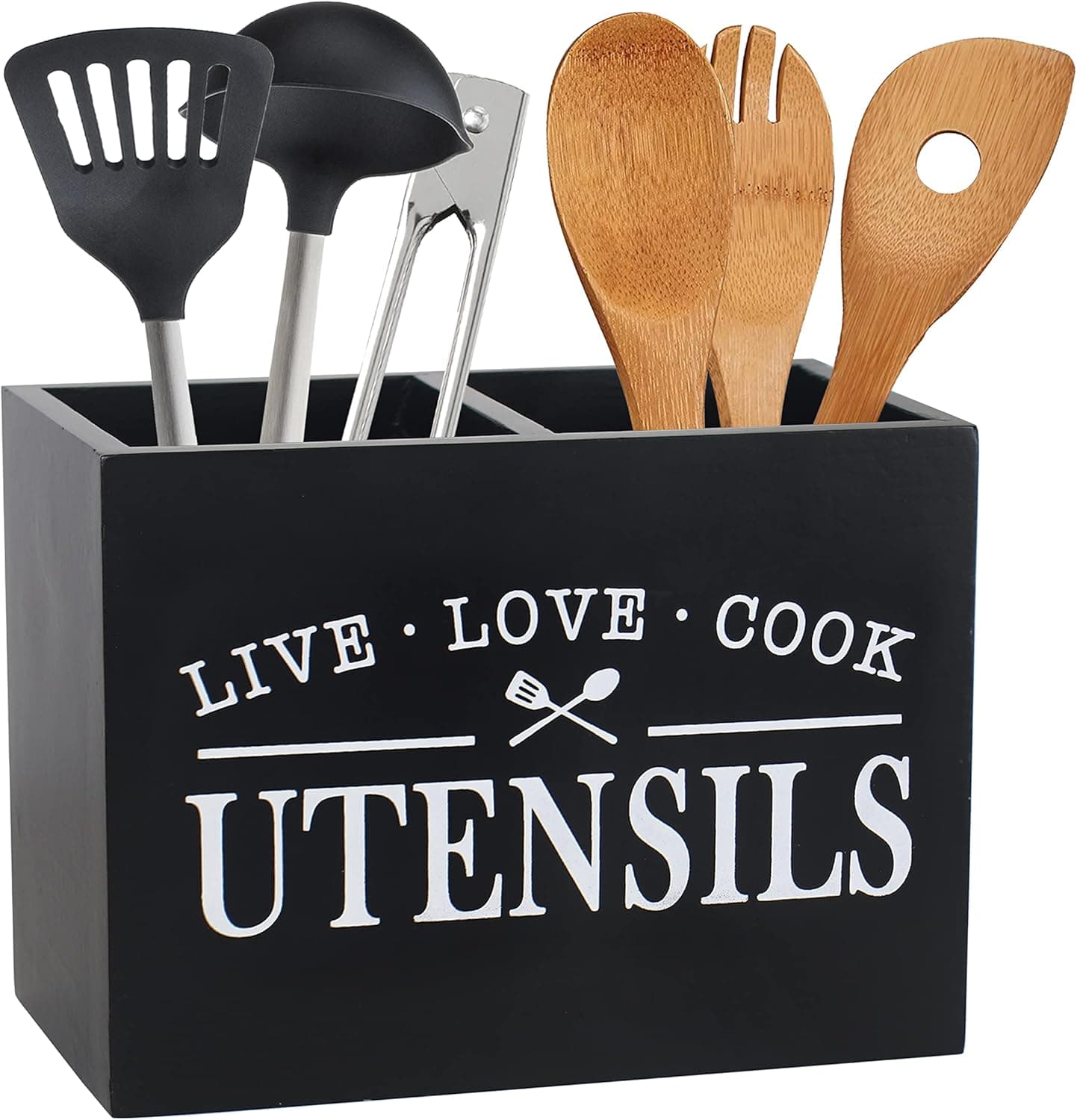 Karisky Kitchen Utensil Holder with Removable Bottom Large 2 Compartments Utensil Organizer Farmhouse Utensil Caddy for Countertop Decor, 9 x 7 x 5 Inch, Black