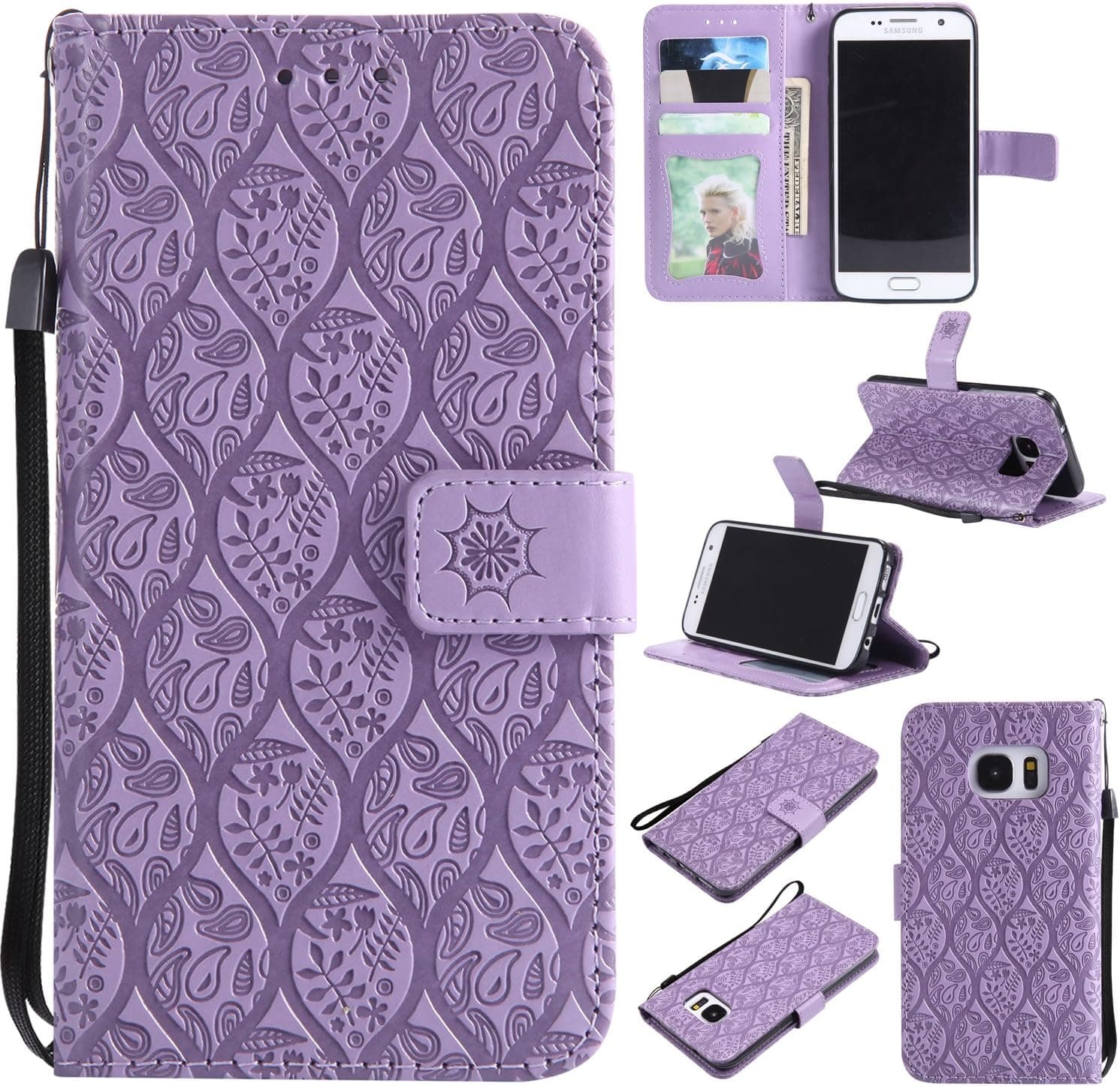 Galaxy S7 Wallet Case,Galaxy S7 Flower Case,HAOTP Mandala Rattan Flower Embossed PU Leather Magnetic Flip Card Holders & Hand Strap Purse Case for Samsung Galaxy S7 Purple