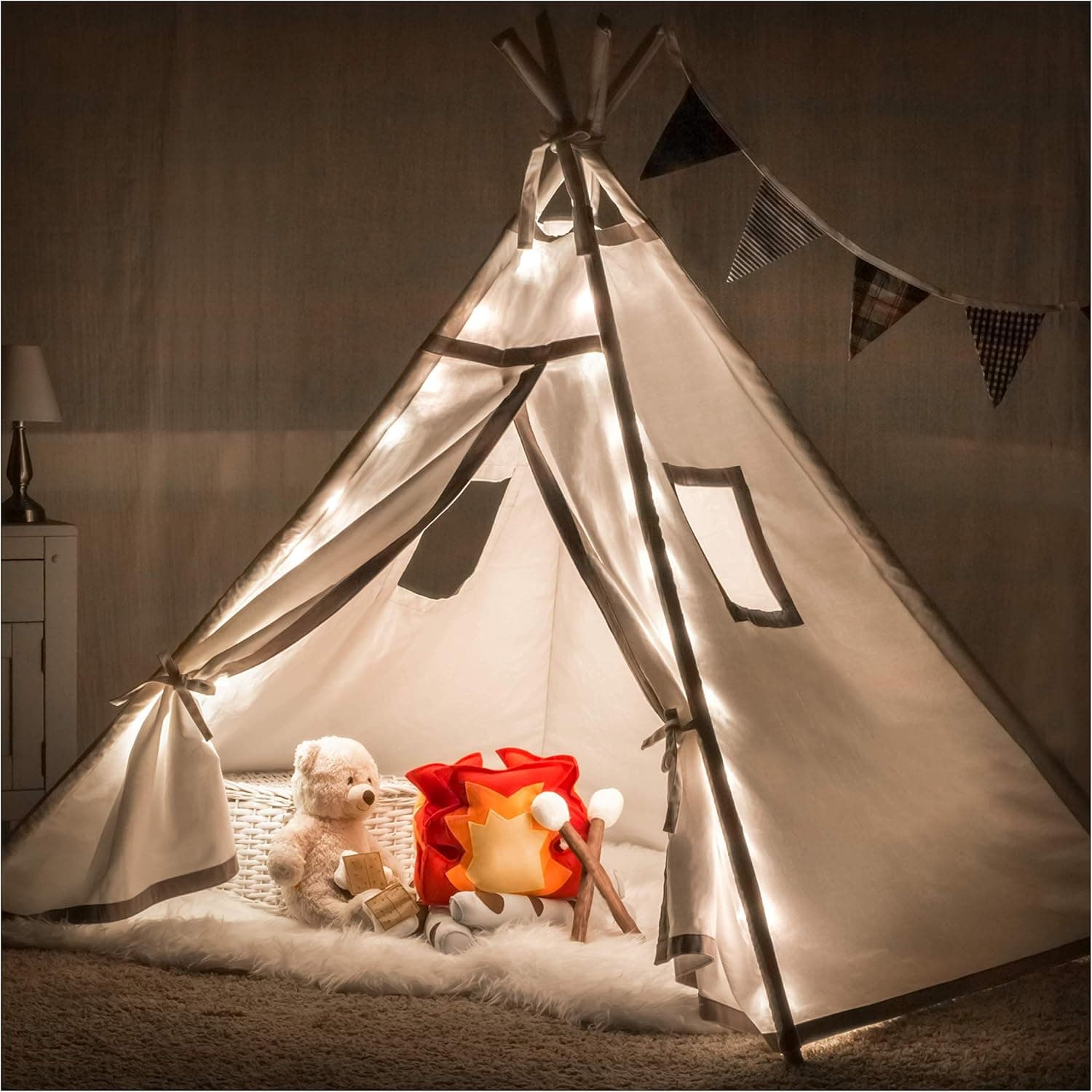 Teepee Tent for Girls, Boys - Deluxe Gift Set with Smores Campfire, Fairy Lights, Quality Fabric | Kids Love Luxury Tents for Indoor Reading Nook, Imaginative Play | for Children, Toddlers, Preschool