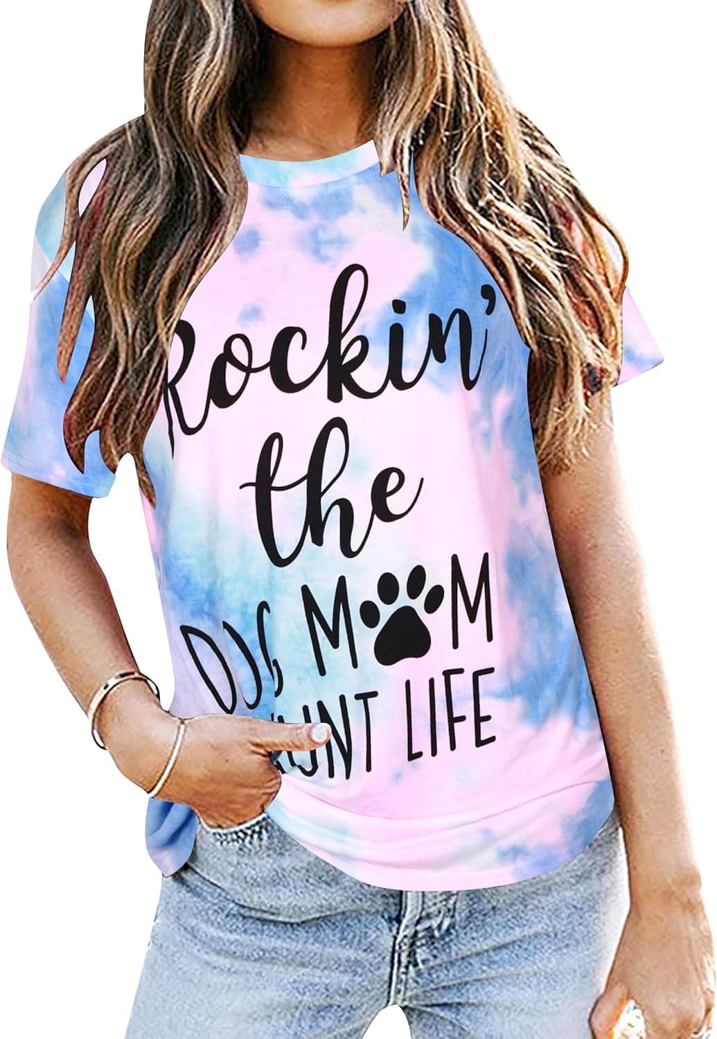 Rockin' The Dog Mom Aunt Life Tshirt Women's Cute Dog Lovers Shirts Short Sleeve Dog Mama T-Shirt Tees Tops