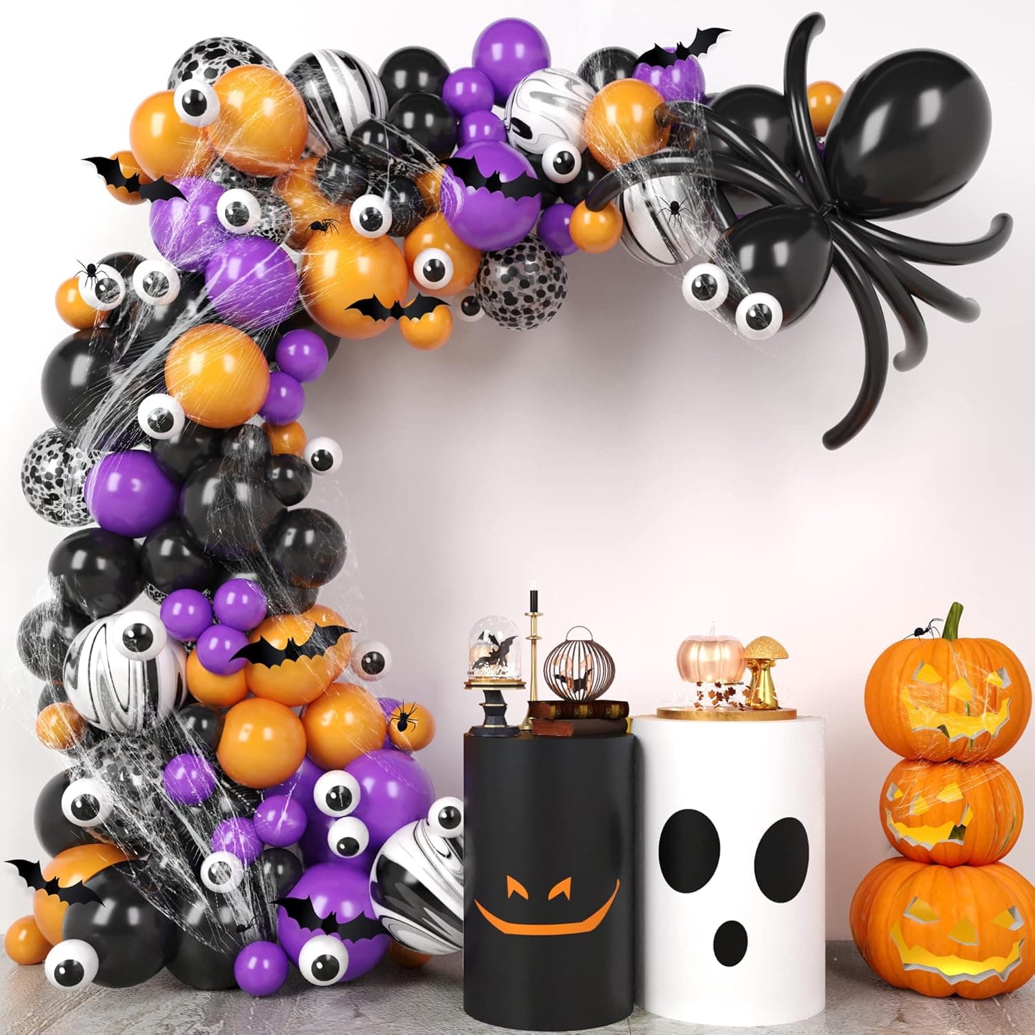 Halloween Balloon Garland Arch Kit - 165 Pieces - Orange Black Purple Latex Balloons, Eye Balloons with Spider & Web, Bats - Party & Birthday Halloween Decorations Indoor & Outdoor for Home, Yard