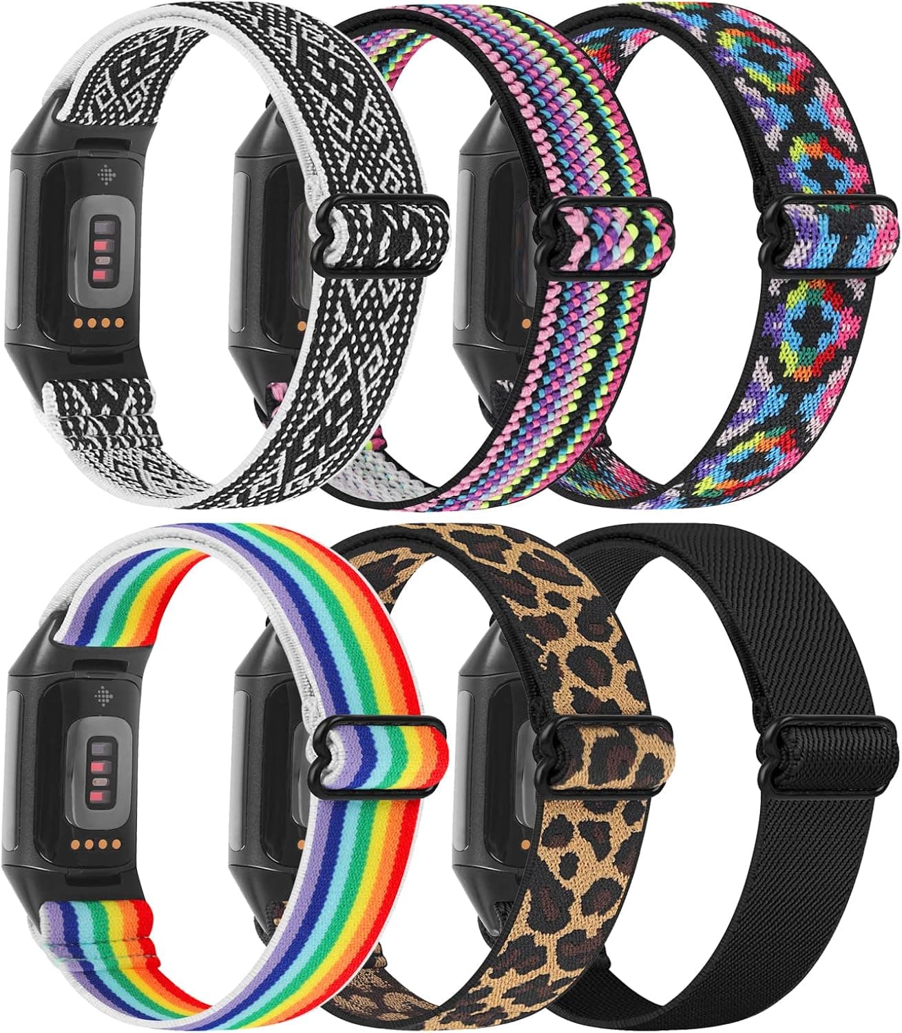[6-Pack] Bands Compatible with Fitbit Charge 5 Bands Women Men Adjustable Stretch Braided Nylon Sport Loop Strap Replacement Wristband for Fitbit Charge 5 Advanced Fitness & Health Tracke