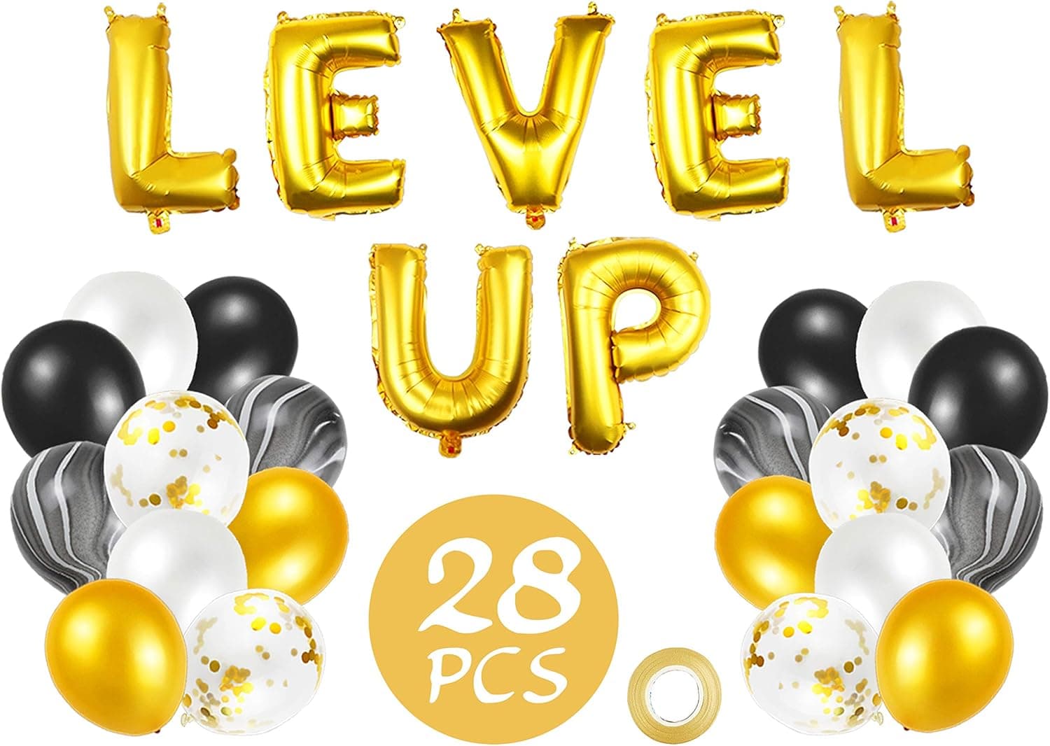KAPOKKU 28 PCS Gold Video Game Party Supplies LEVEL UP Gaming Banner Hanging Sign 28 Pieces Game Balloons Gamer Themed Balloons for Kids and Boys Birthday Party Decorations