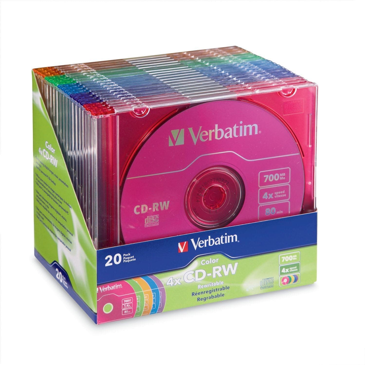 Verbatim CD-RW 700MB 2X-4X DataLifePlus with Color Branded Surface and Matching Case - 20pk Slim Case, Assorted