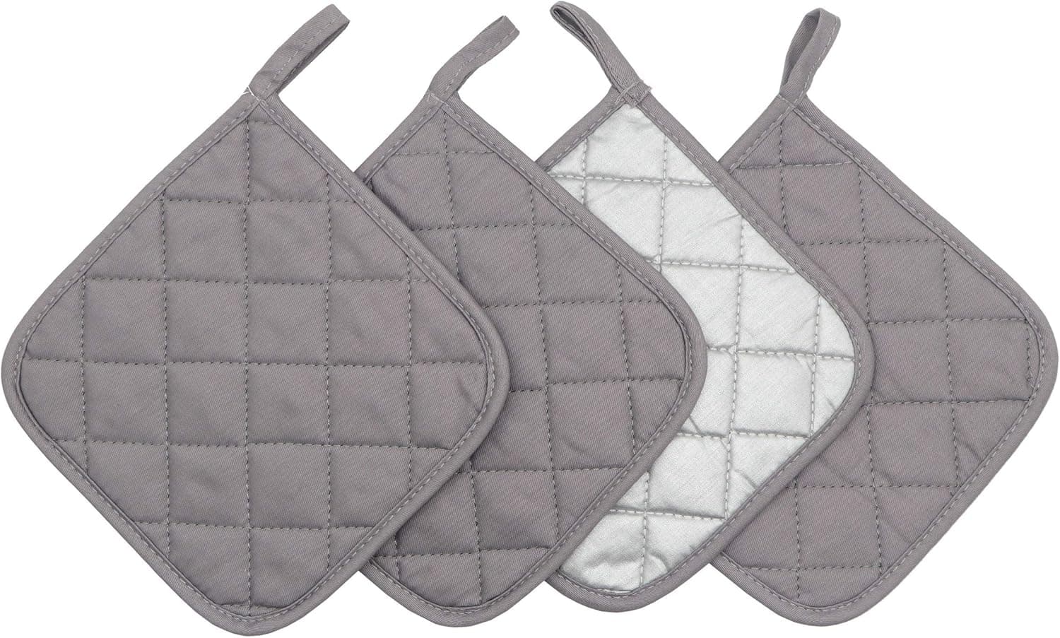Cotton Heat Resistant Pot Holders, Everyday Kitchen Basic Square Solid Color Pot Holder, Multipurpose Quilted Hot Pads for Cooking and Baking Set of 4 (Grey)