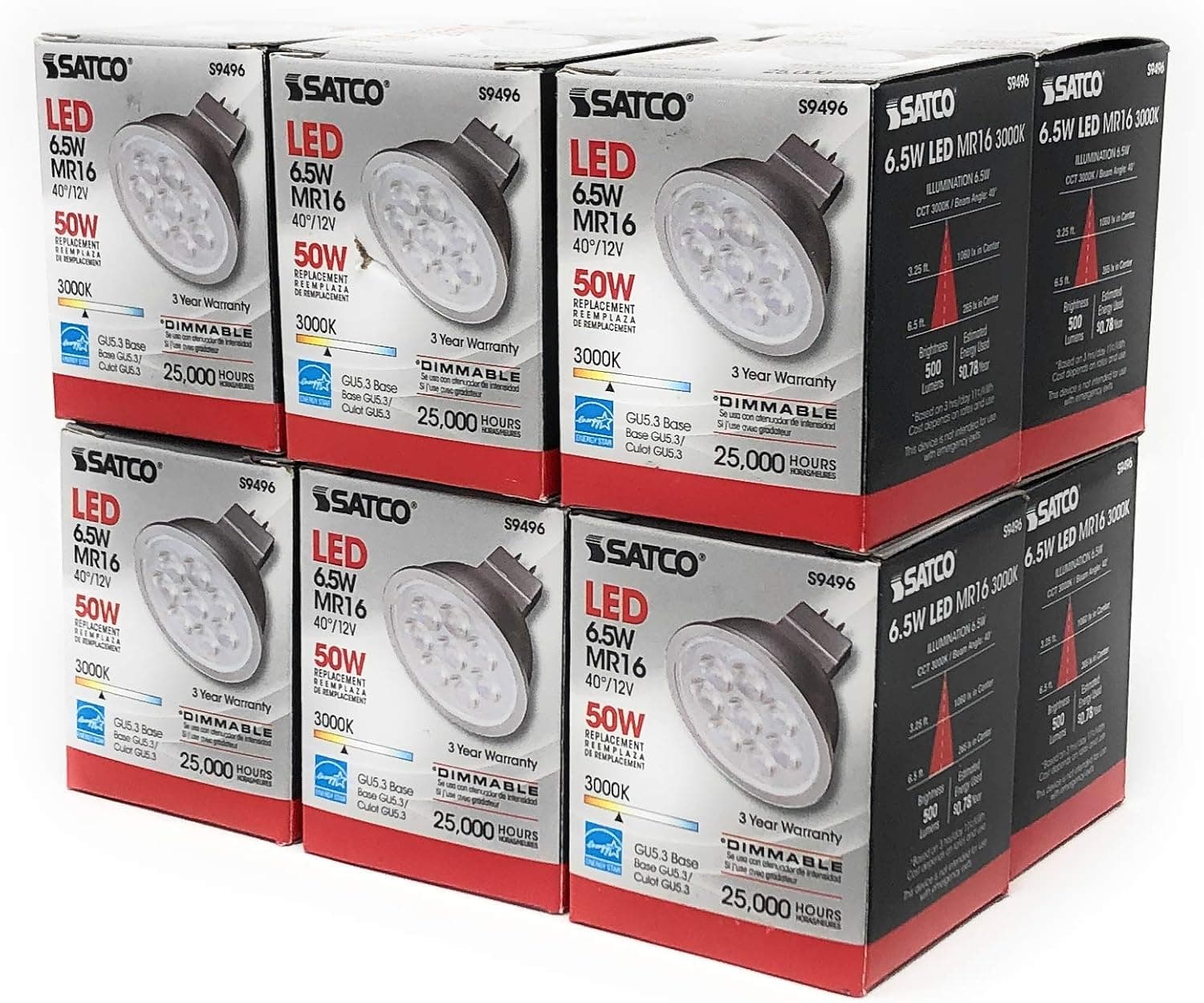SATCO S9496-6.5 Watt; LED MR16 LED; 3000K; 12 Volt AC/DC (12 Pack)