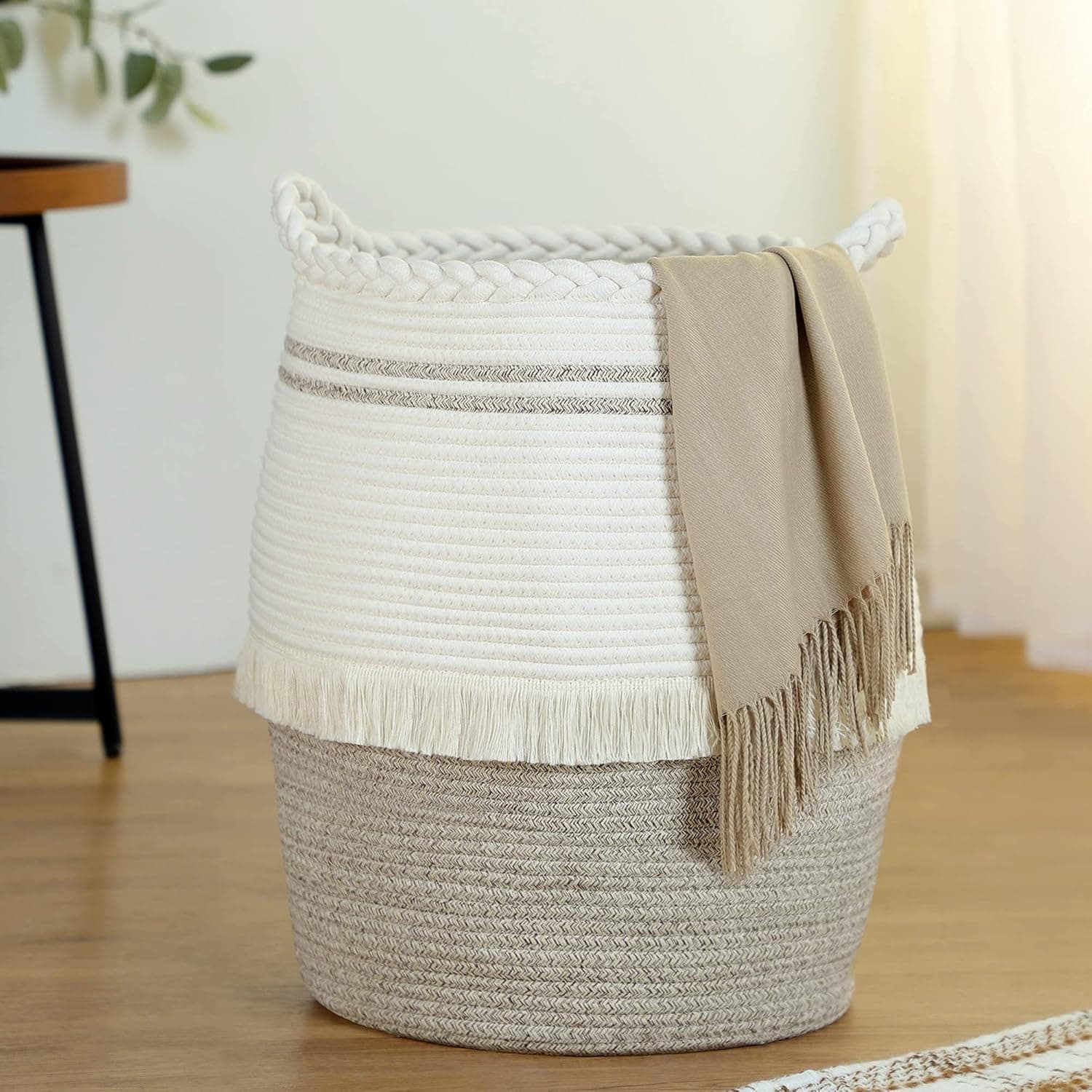 DAOYA Boho Tassel Laundry Basket Woven Rope Laundry Hamper 15.9" x 15.9" x 20" Decorative Storage Basket with Sturdy Double Woven Handles for Toys, Clothes, Blankets, 100% Cotton, Brown White