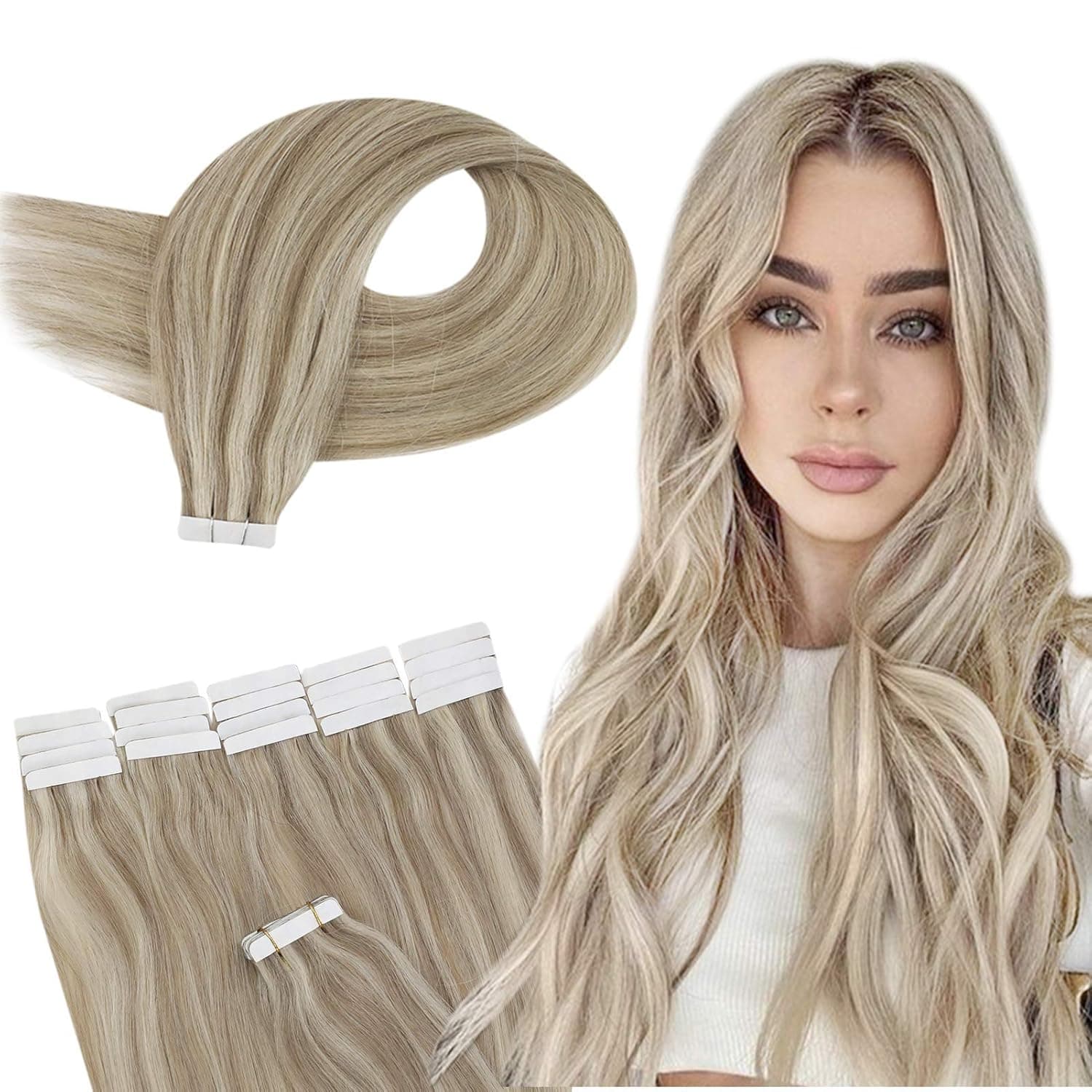 JoYoung Hair Extensions Tape in Human Hair Blonde Highlights Tape in Extensions Double Side Tape Hair Extensions Dirty Blonde with #60 Blonde 20pcs 50gram 22inch