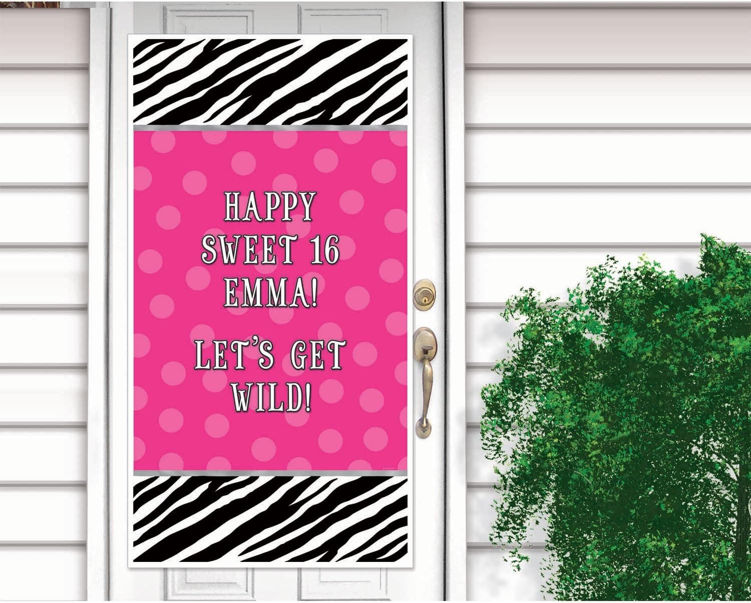 Pink Polka Dots and Black and White Zebra Print Personalize It! Party Door Decoration (1 Piece), Multi Color, 65" x 33 1/2".