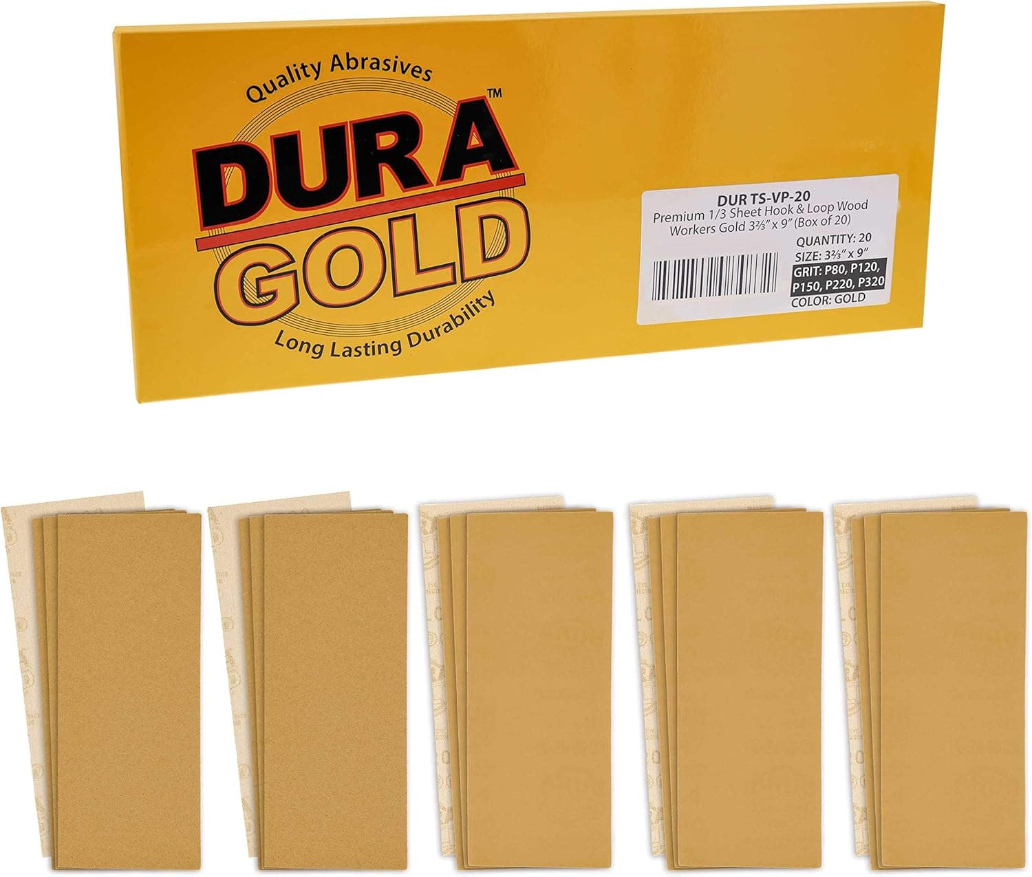 Dura-Gold Premium 80, 120, 150, 220, 320 Grit 1/3 Sheet Size Gold Sandpaper with Hook & Loop Backing, 3-2/3" x 9", 4 Each, 20 Total - Sanding Wood Woodworking, Automotive, Finishing Jitterbug Sander