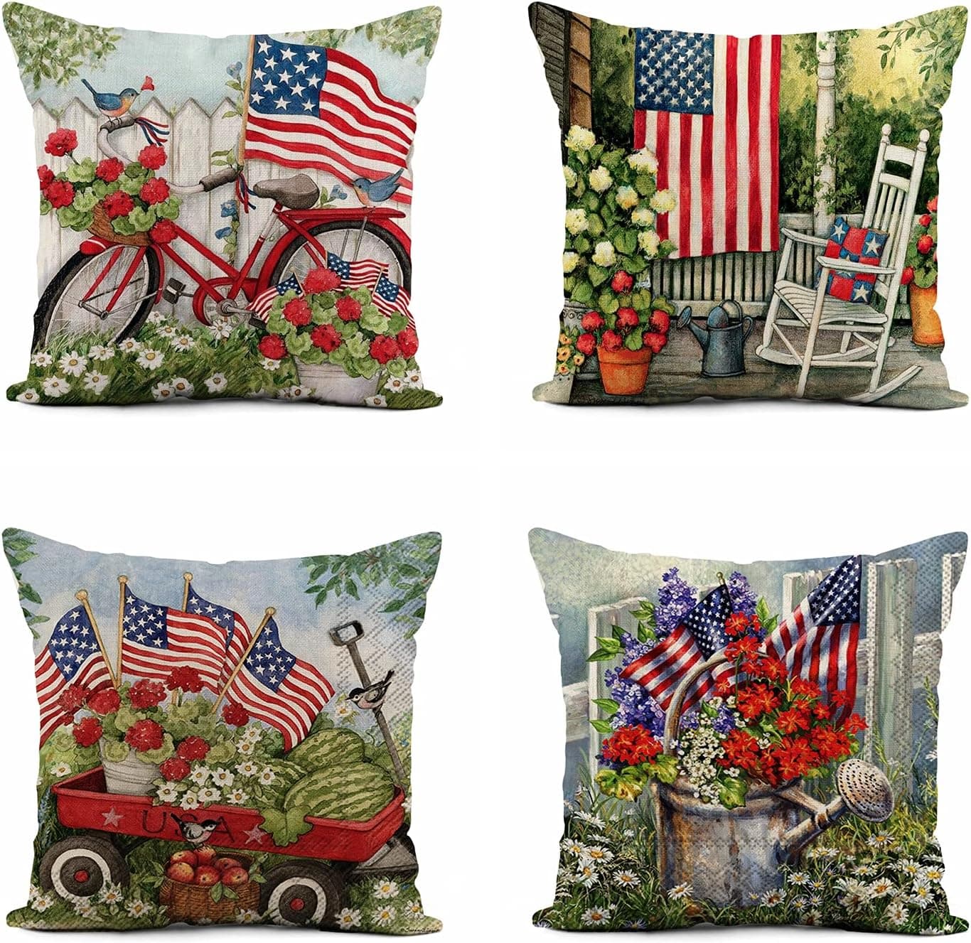 rouihot Set of 4 Linen Throw Pillow Covers 18x18 Inch 4th of July American Independence Memorial Day Home Decor Pillowcase Square Cushion Cover for Sofa Bed Couch