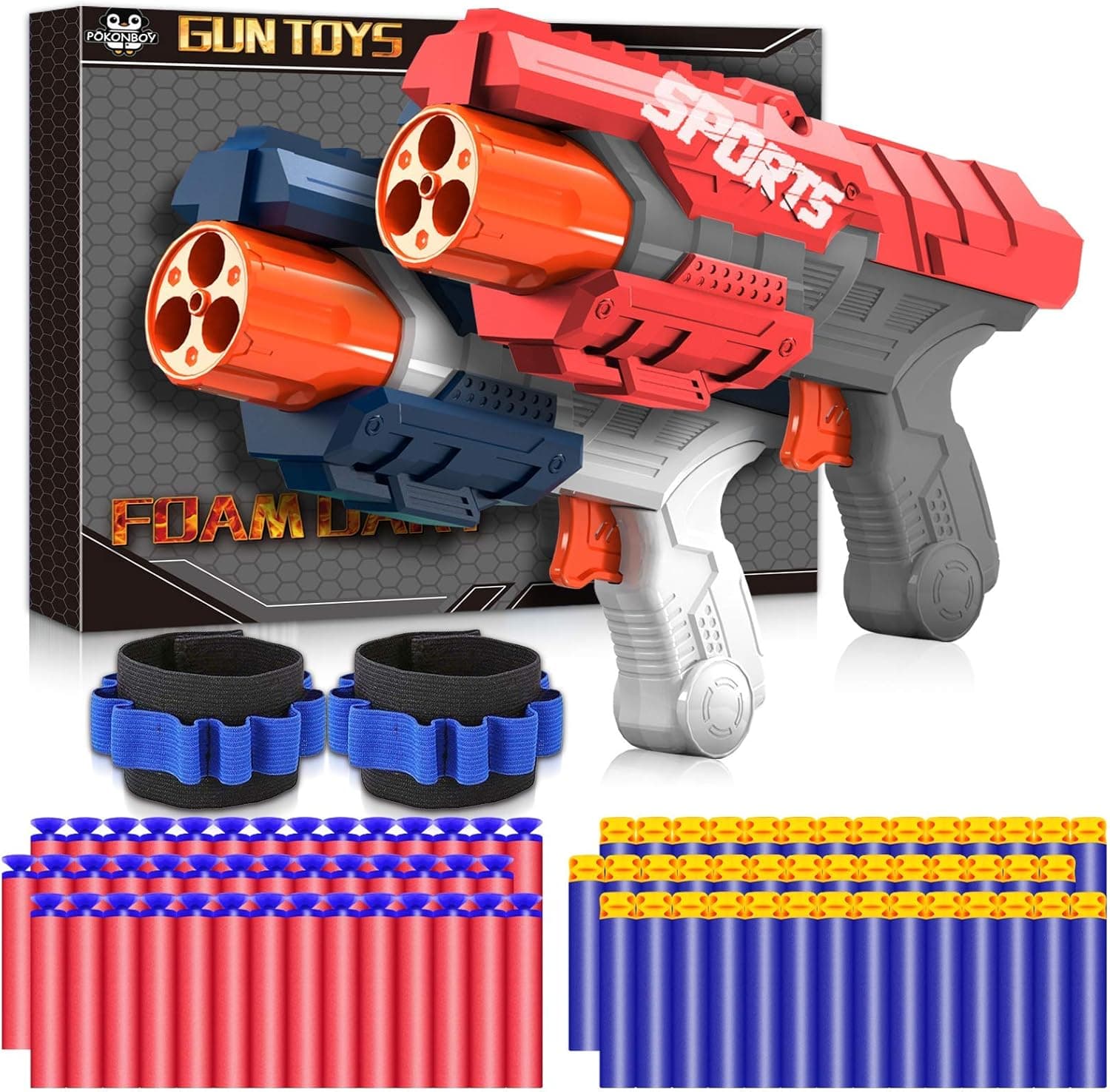 POKONBOY 2 Pack Toy Blaster, Foam Dart Blaster Toy Gun with 2 Wristbands & 60 Pcs Refill Darts, Compatible with Nerf Blaster Guns for Kids 6+