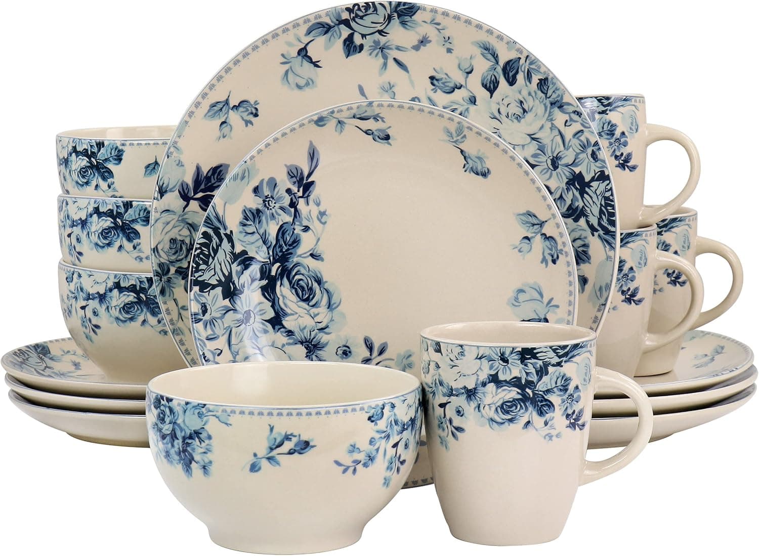 Elama Traditional Dessert Rose 16 Piece Dinnerware Set, Desert with Blue Rose Accents (EL-BLUE-ROSE)