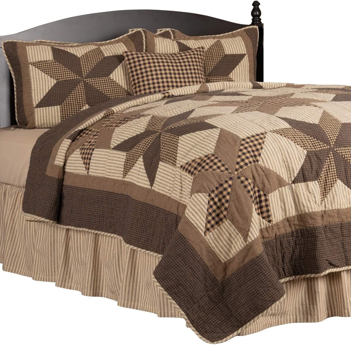 The BitLoom Co. Rustic Country, Black Eight Point Star 5 Piece Queen Quilt Set