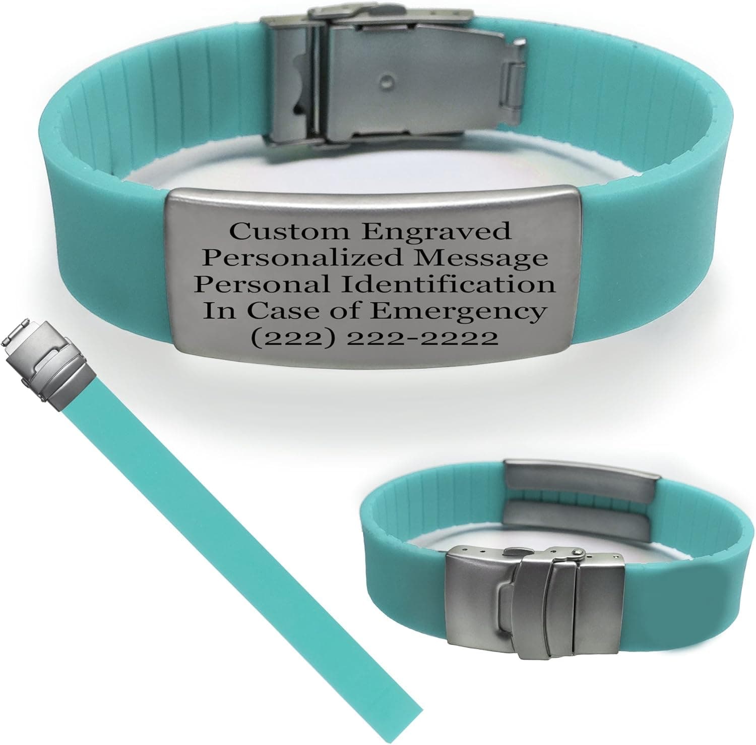 IDS Waterproof Teal Sport Fitness Safety Alert Bracelet with Free Personalized Engraving Hypoallergenic Band Stainless Steel Matte Plate for Runners Cyclist Tri Athletes Religious