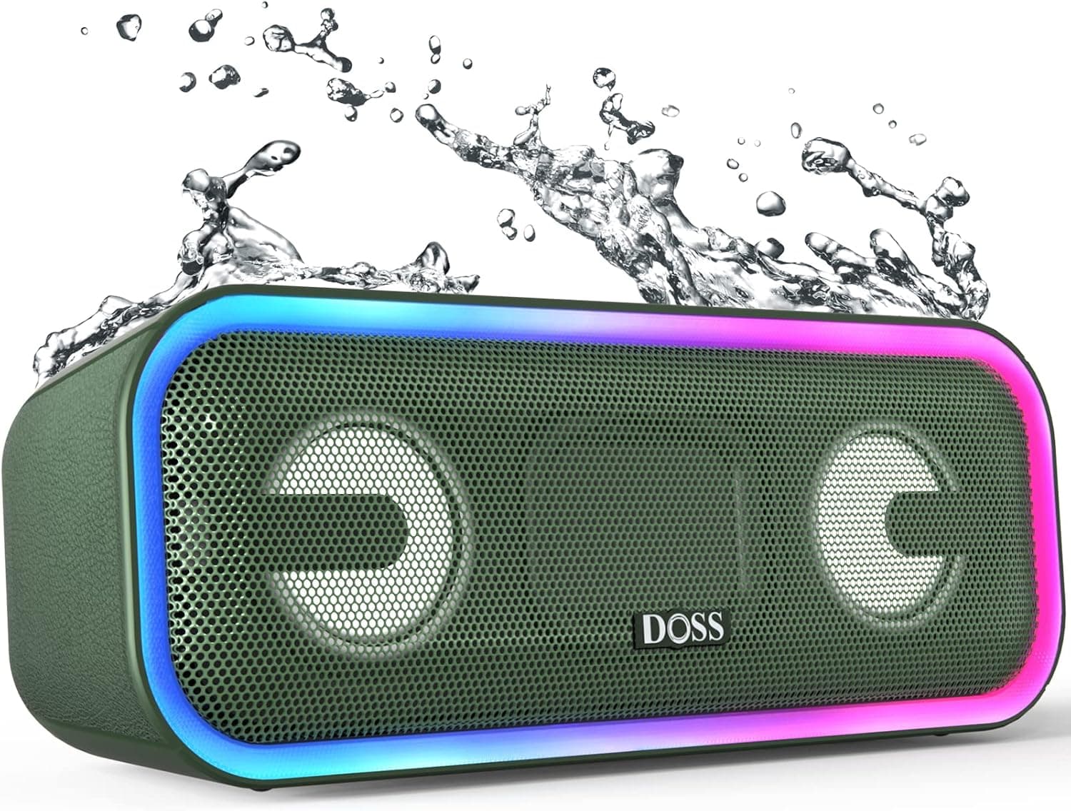 DOSS Bluetooth Speaker, SoundBox Pro+ Wireless Bluetooth Speaker with 24W Impressive Sound, Booming Bass, IPX6 Waterproof, 15Hrs Playtime, Wireless Stereo Pairing, Mixed Colors Lights, 66 FT- Green