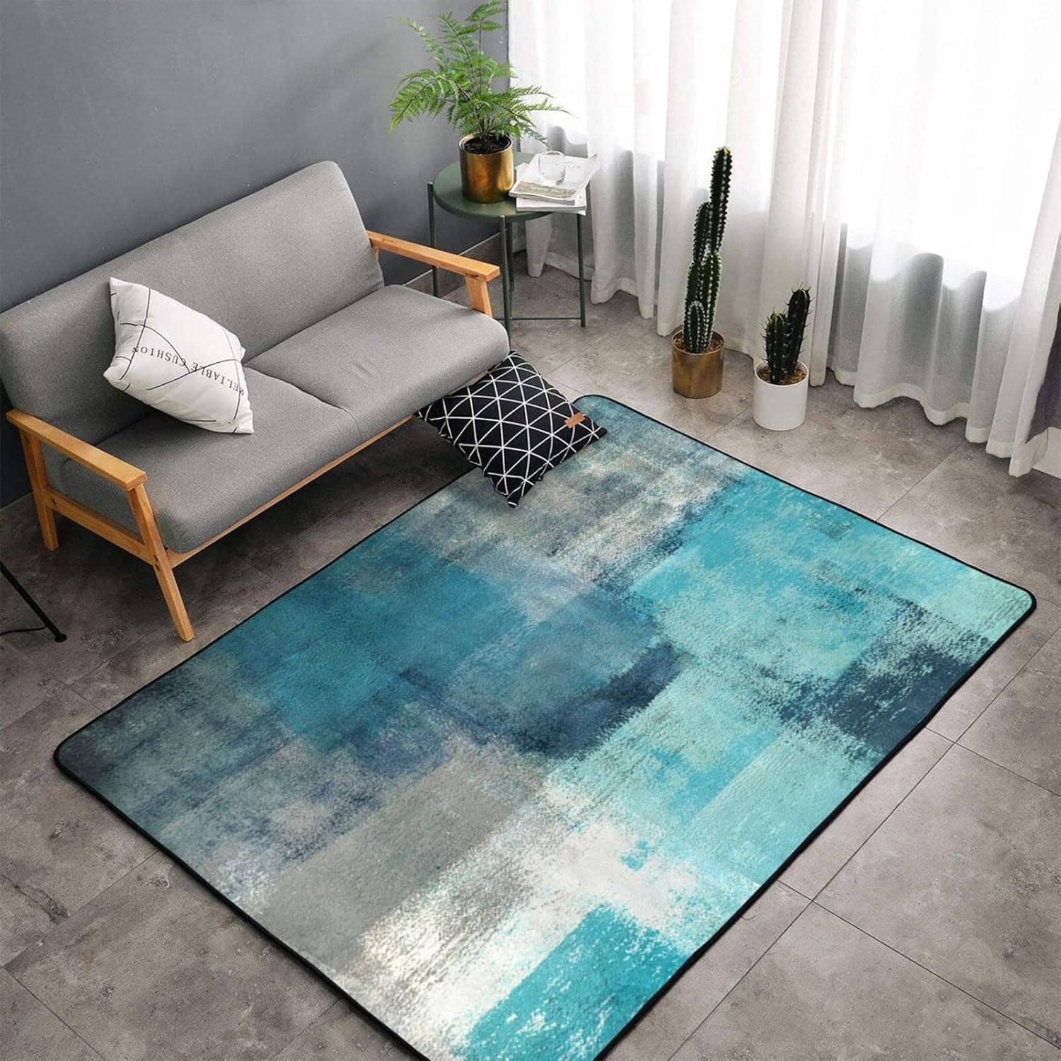 Soft Area Rug Non Slip Washable for Indoor,Turquoise and Grey Abstract Art Painting,Large Floor Carpets Doormat Covering Living Room Bedroom 3 x 5Ft