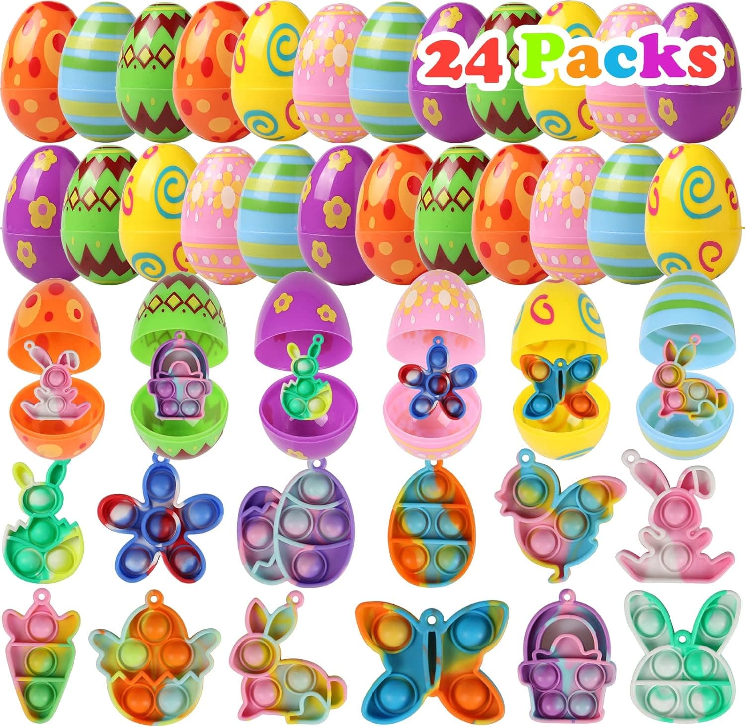 Jetrvat 24 Packs Easter Eggs with Pop Fidget Toys Bulk ,Easter Basket Stuffers,Easter Egg Fillers for Kids Girls Boys Toddlers Teens ,Party Favors