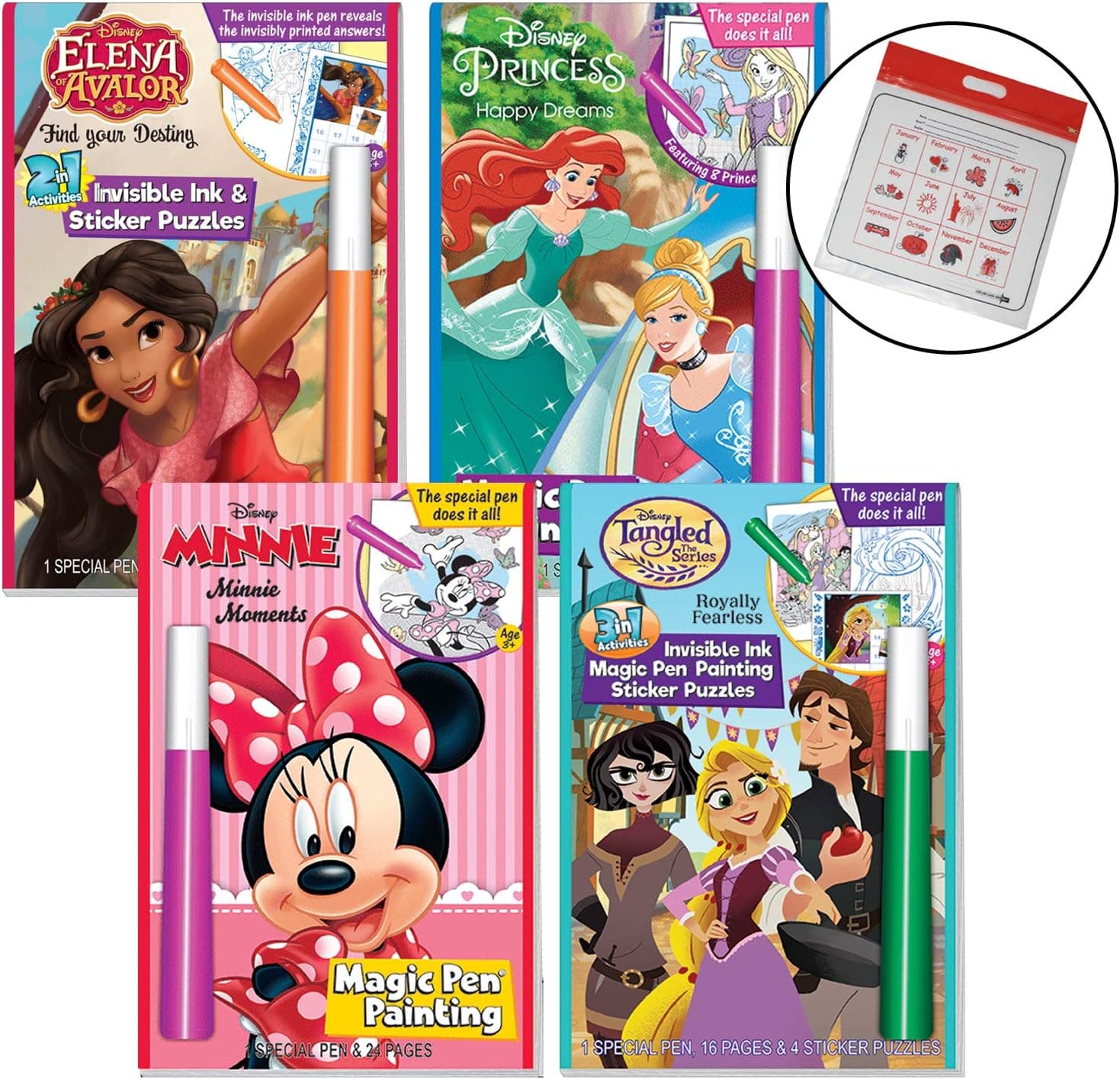 Disney Princesses Mess Free Marker Coloring Activity Book 4-Pack: Elena of Avalor, The Little Mermaid, Tangled, and Minnie Mouse with Calendar Bag