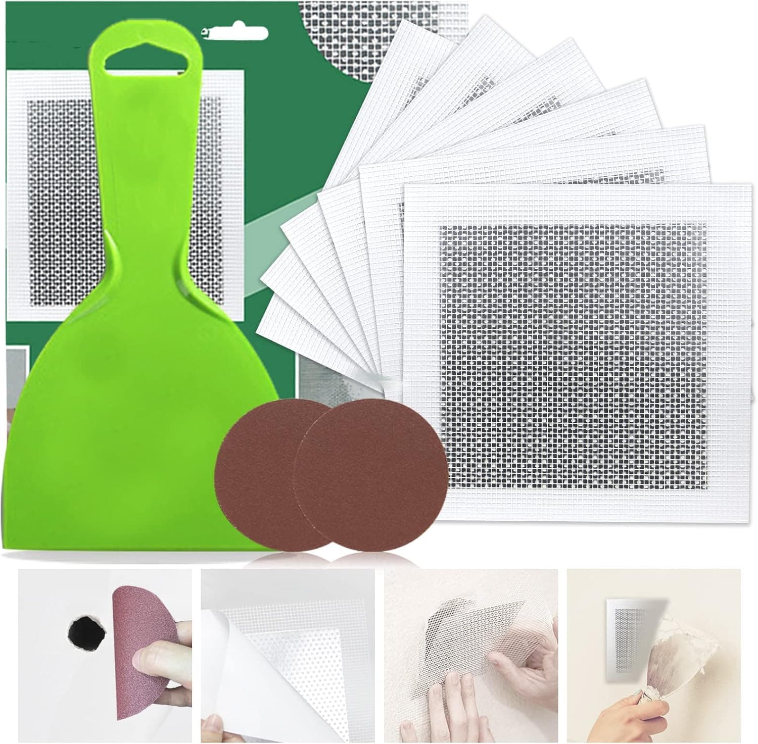 Drywall Repair Kit, 6" Drywall Repair Patch 6PCS, Aluminum Wall Repair Patch Self Adhesive Screen for Drywall Plasterboard Ceilings, Patch Repair with Wall Surface Repair Free Scraper and Sandpapers