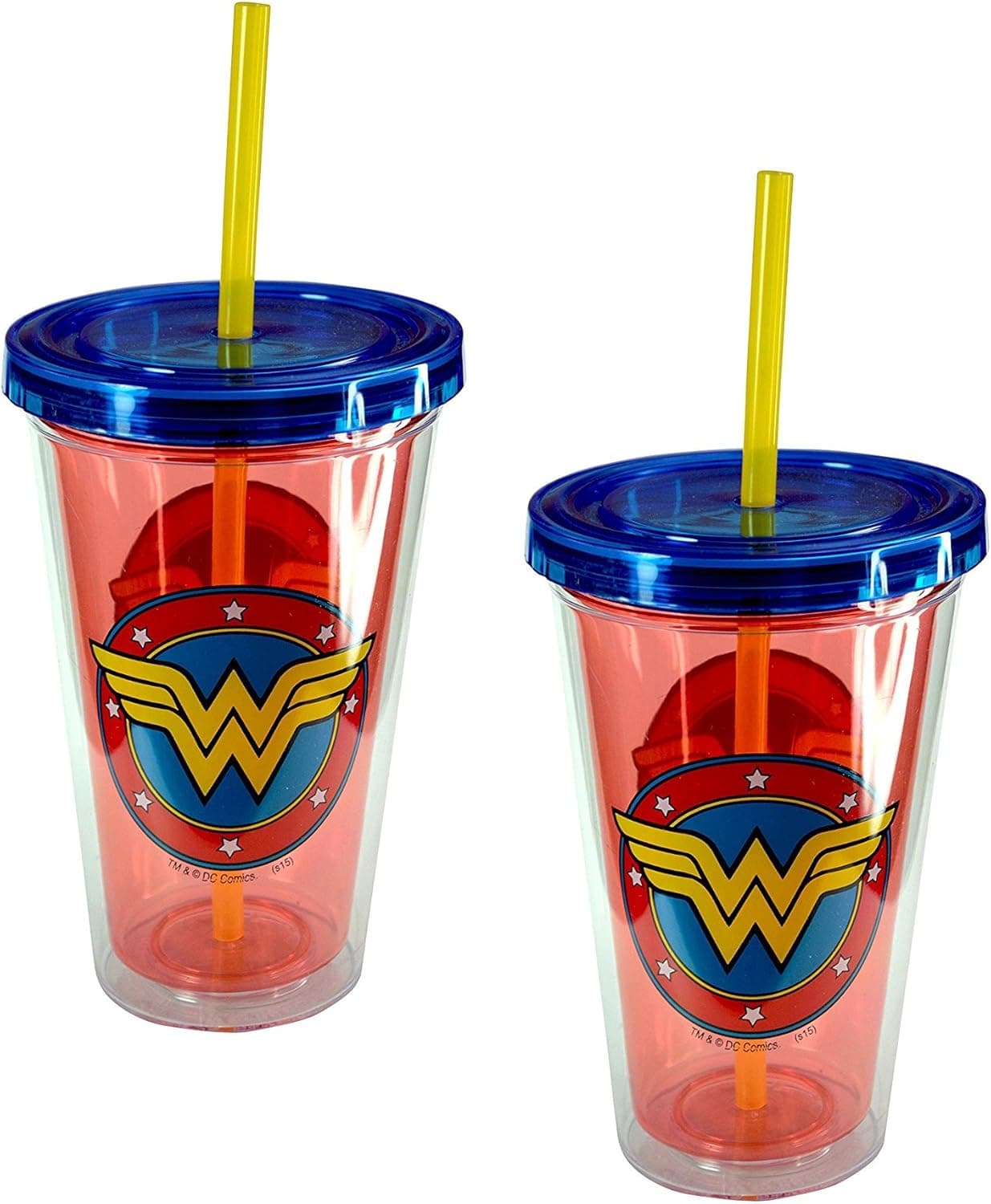 Wonder Woman Logo 16.5oz Fun Sip Tumbler with Straw, BPA-Free, 2-Pack, One Size, Blue, Yellow, Red