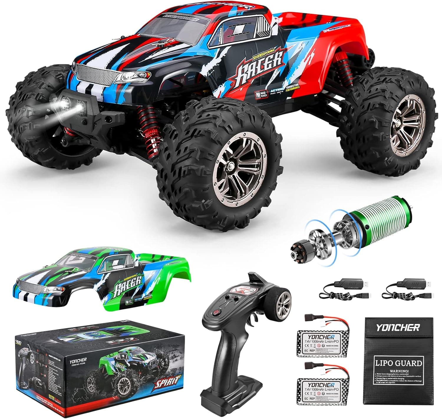 YONCHER YC250 Brushless Remote Control Car, 1:16 RC Monster Trucks, 62+Km/h High Speed RC Car, 4x4 Offroad Waterproof Remote Control Car for Boys 8-12 Adults, 4WD 2 Batteries 40 Min+ 2 Car Bodies