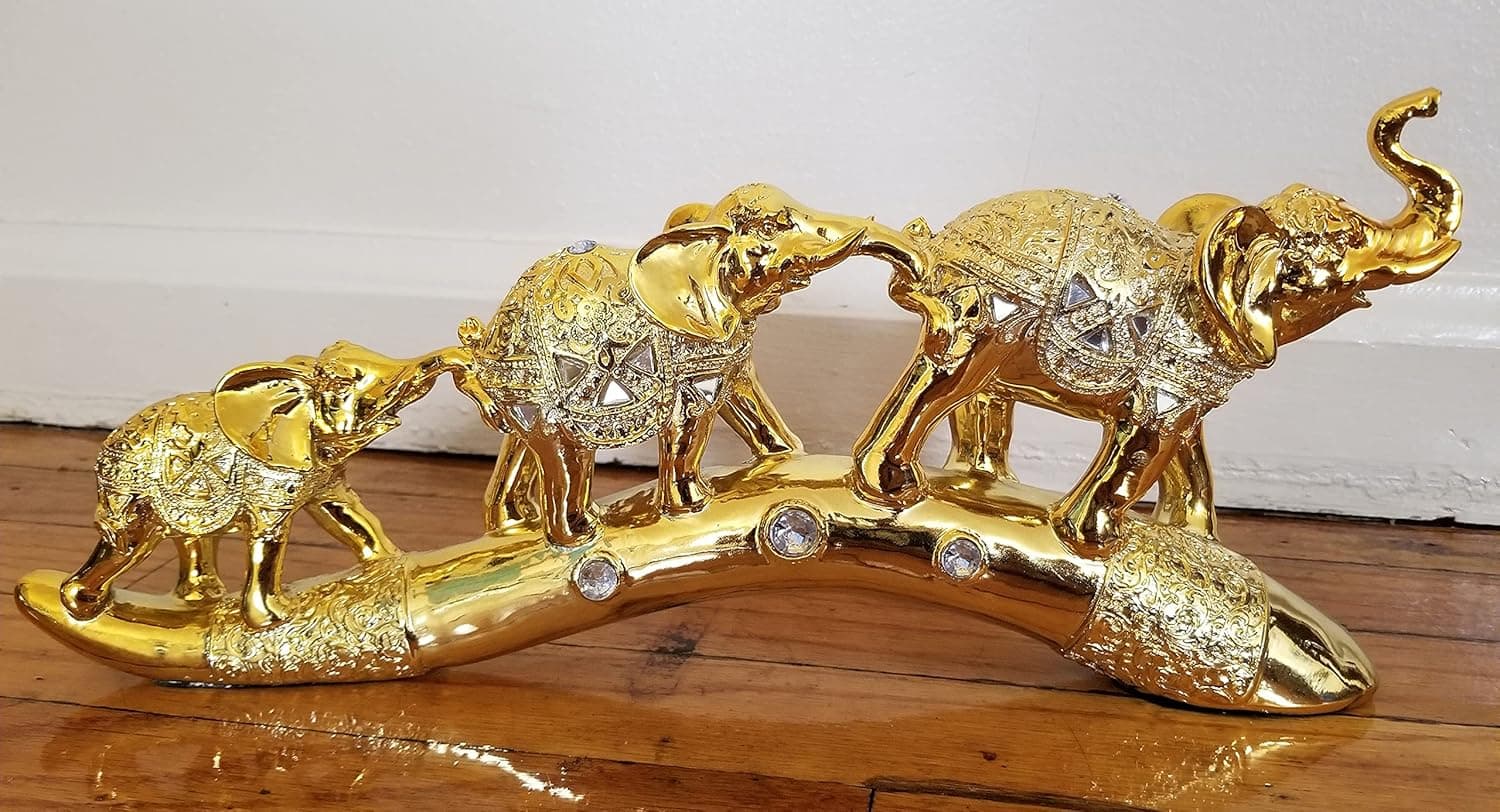 Dalax- Set of 3 Golden Color Thai Elephant Buddha Buddhist Collectible Statue Baby and mama on Bridge Trunk, Wealth Lucky Figurines Gift & Collectible Home Office Décor Accent, Centerpiece