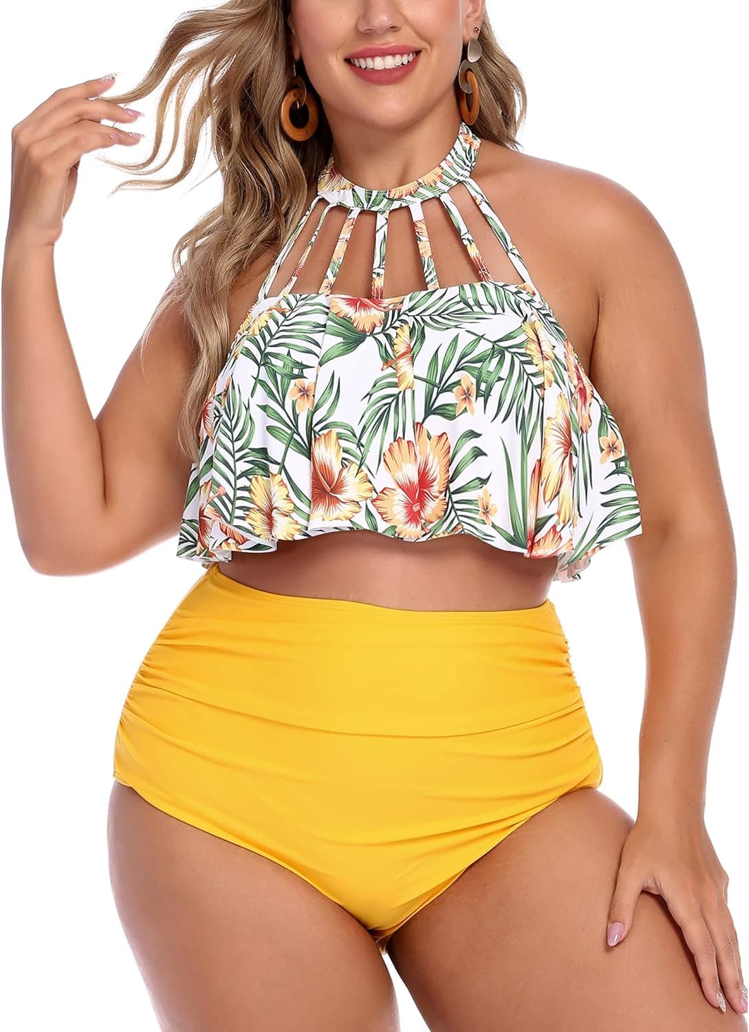 Sheshow Women Bikini Set High Waisted Swimsuit Flounce Swimwear Two Piece Floral Swimwear Plus Size Yellow XX-Large