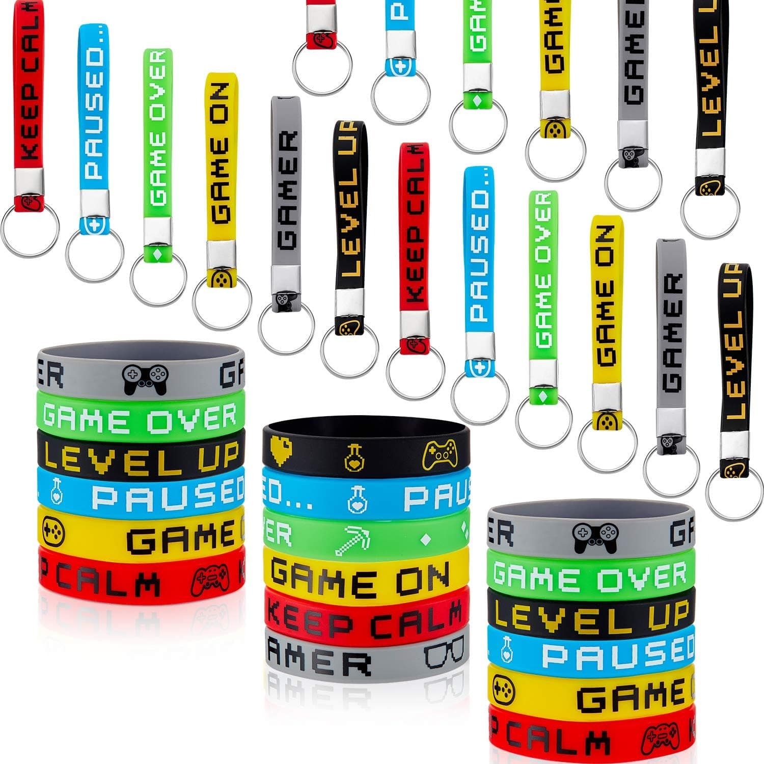 36 Pieces Video Game Bracelets and Keychains Rubber Wristbands and Keychains for Gamer Birthday Party Baby Shower Party Favors, 6 Styles
